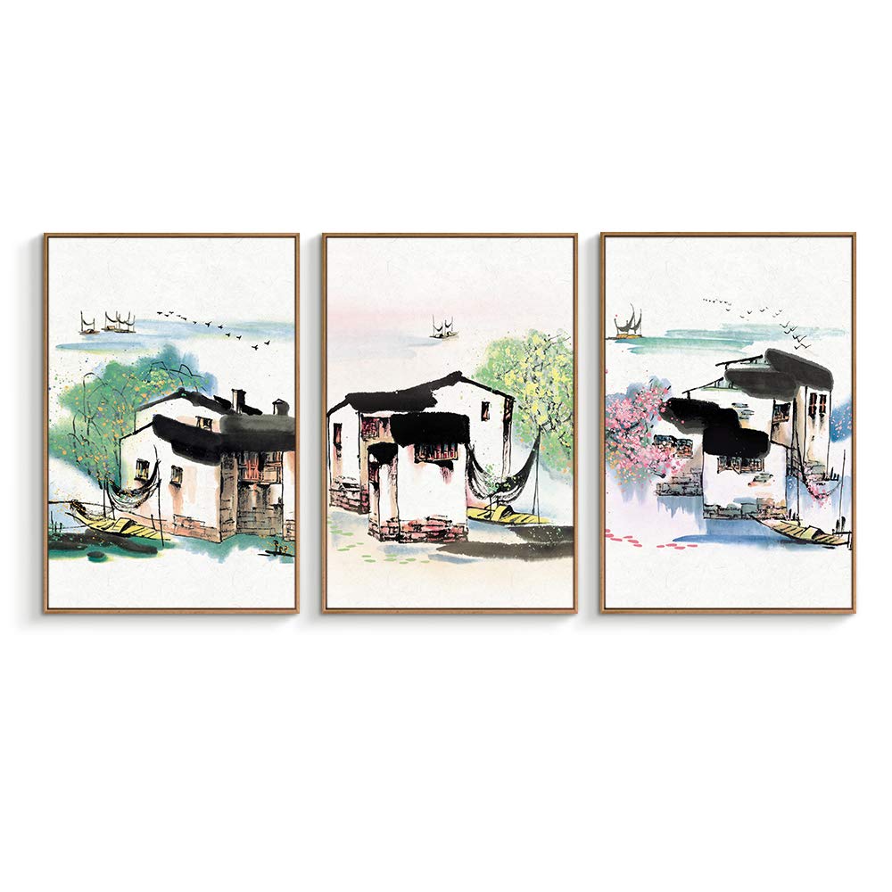 Village Life Canvas Wall Art Set - 3 Panels Framed Prints 16x24 Inch, Ready to Hang for Living Room & Bedroom Decor | Perfect for Farmhouse, Rustic & Modern Home Interior Design