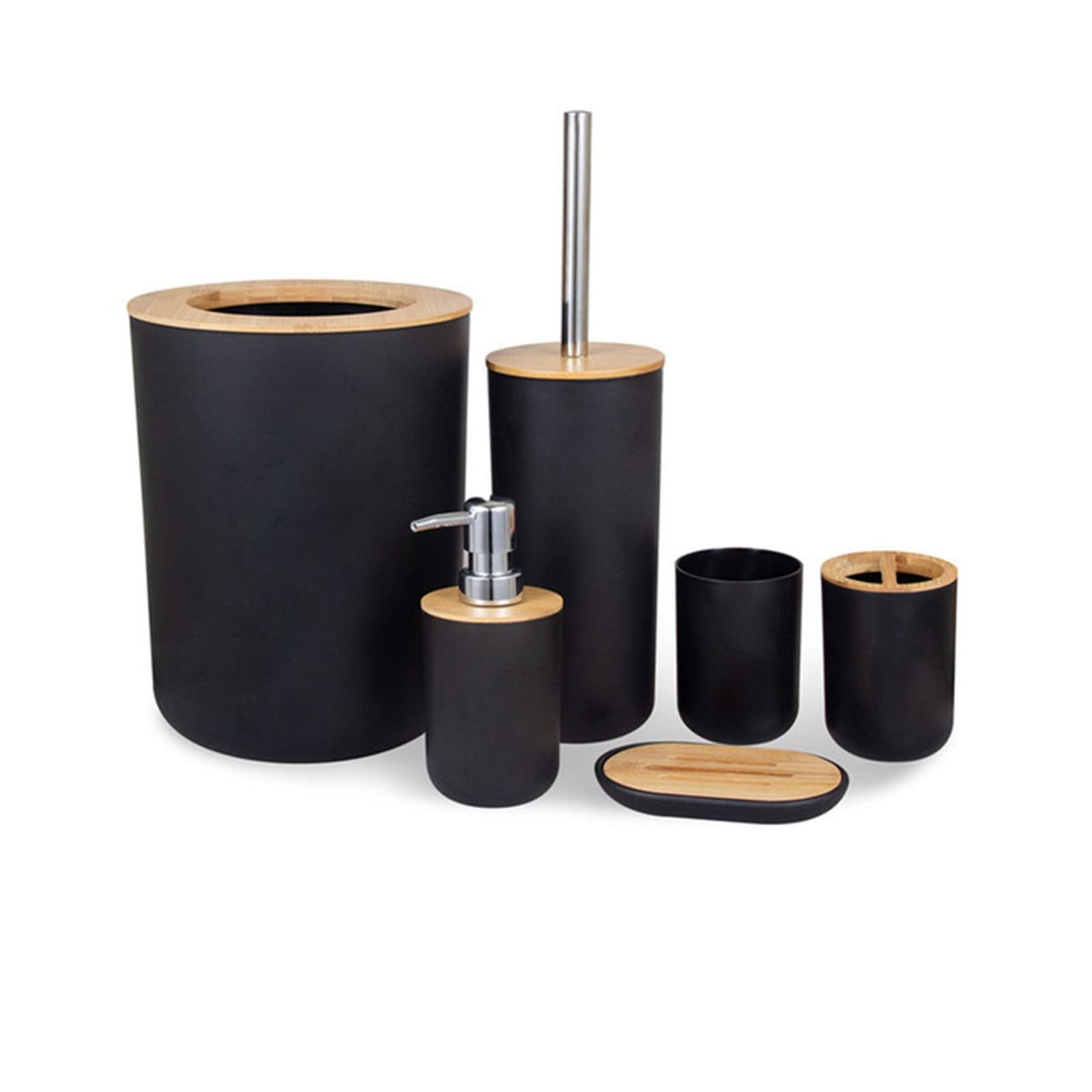 Premium 6-Piece Bathroom Accessories Set - Toothbrush Holder, Soap Dish, Dispenser, Tumbler, Toilet Brush & Waste Bin - Modern Black Bathroom Organizer for Home, Hotel & Spa Decor