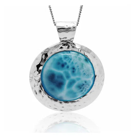 Natural Caribbean Larimar Round Pendant Necklace - Handmade Sterling Silver Jewelry for Women - Perfect Gift for Birthday, Anniversary & Beach Vacations