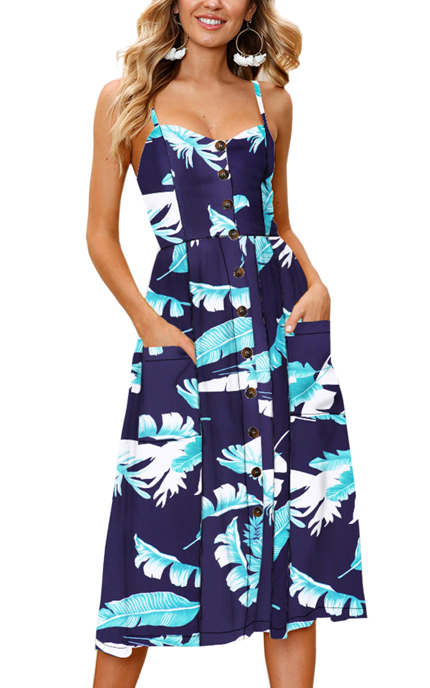 Angashion Women's Summer Floral Bohemian Spaghetti Strap Button Down Swing Midi Dress - Casual Beachwear, Vacation Outfit & Party Dress for Women