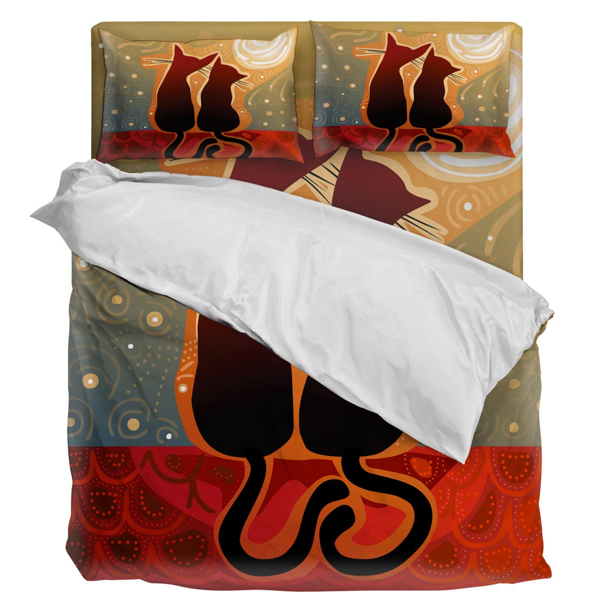 Luxury 4-Piece Full Size Duvet Cover Set - Soft Sunflower Bedding with 1 Duvet Cover, 1 Fitted Sheet & 2 Pillowcases - 2 Cats Watching Sunset Roof Design for Cozy Bedroom Decor