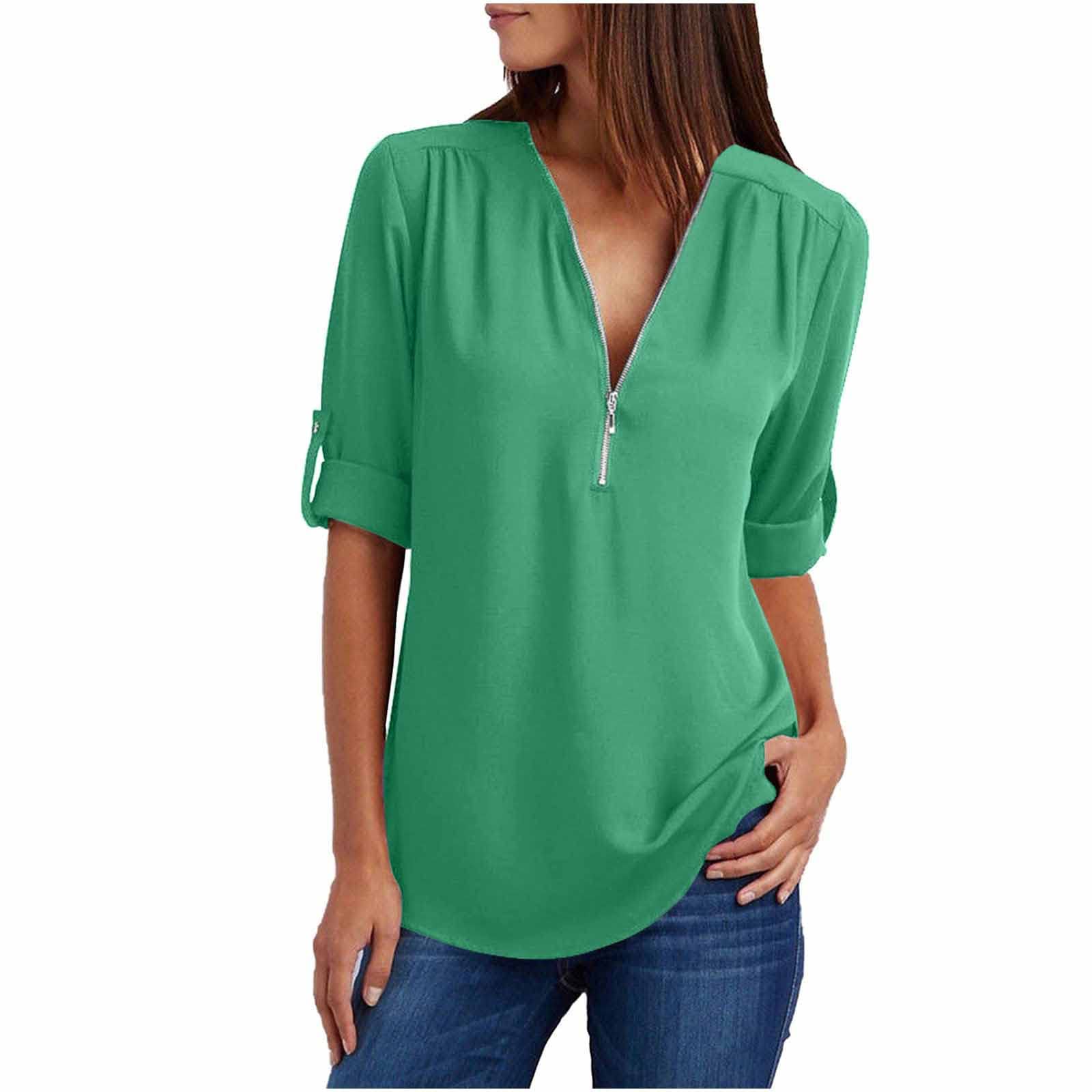 TAPIYANG Women's Chiffon Blouse - Long Sleeve V-Neck Zipper T-Shirt - Soft Loose Casual Shirt for Work & Date Night - Elegant Dressy Top for Office & Evening Out