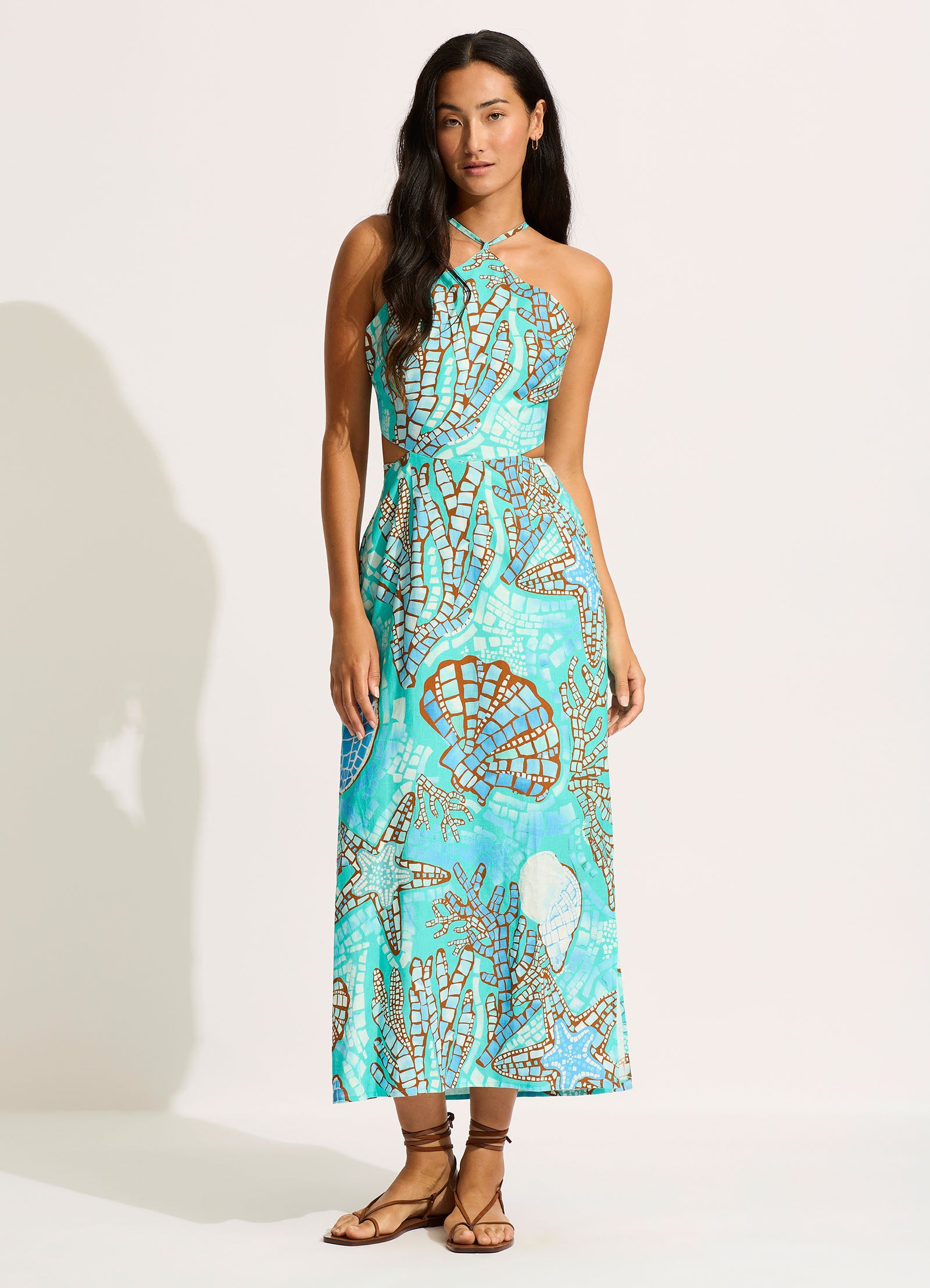 La Mer Cut Out Maxi Dress - Women's Floral Print Summer Beach Dress in Aquatic Blue | Perfect for Beach Vacations, Pool Parties & Tropical Getaways