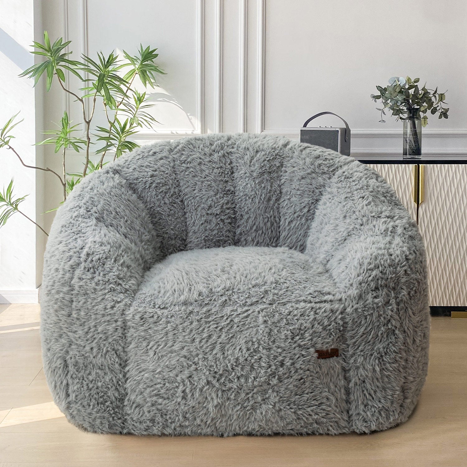 MAXYOYO Giant Bean Bag Chair - Fluffy Shaggy Floor Sofa with Shell Design for Ultimate Comfort, Grey - Perfect for Living Room, Bedroom, Game Room & Dorm Relaxation