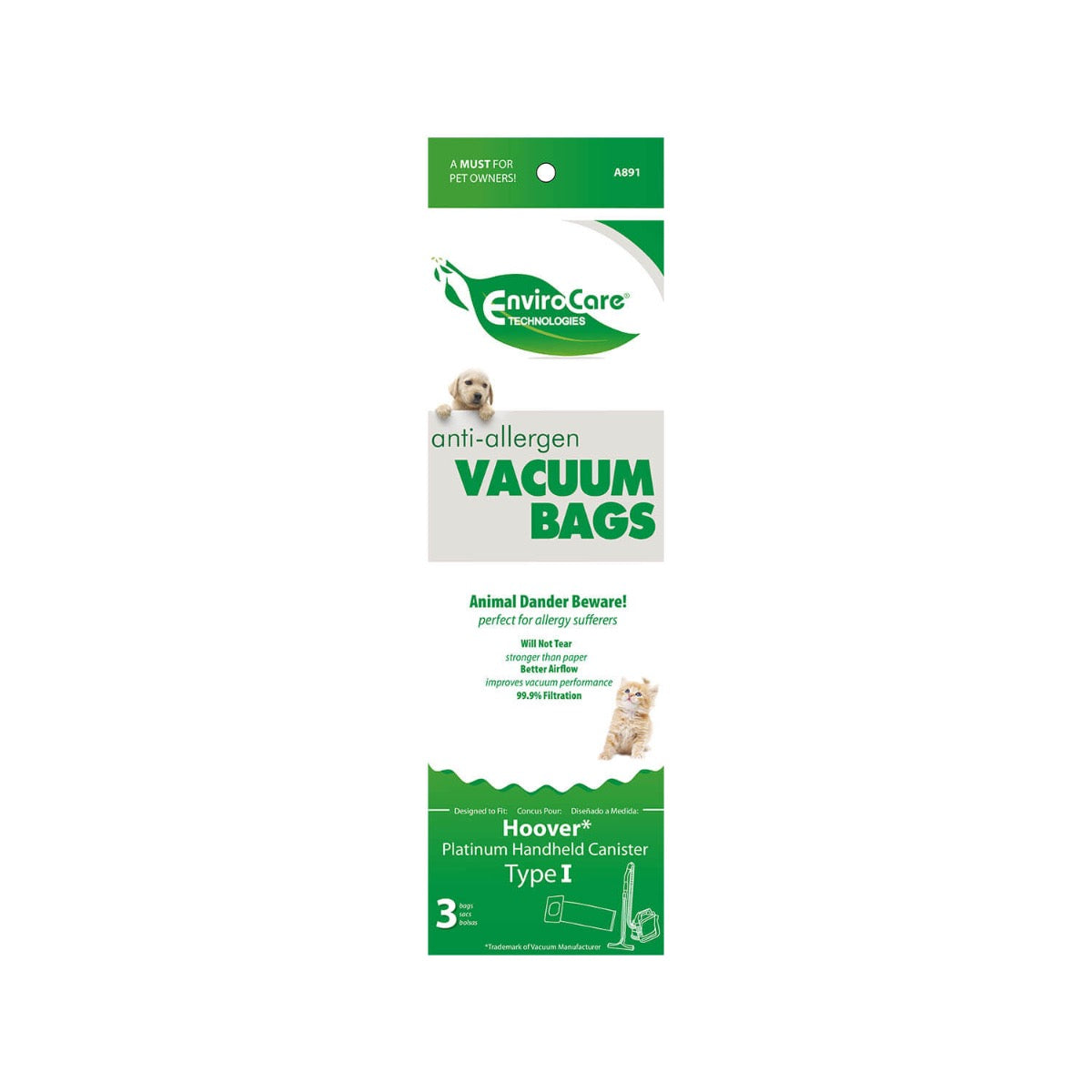 EnviroCare Hoover Type I Vacuum Bags - 3 Pack | Compatible with Multiple Hoover Models | Ideal for Home Cleaning & Pet Hair Removal