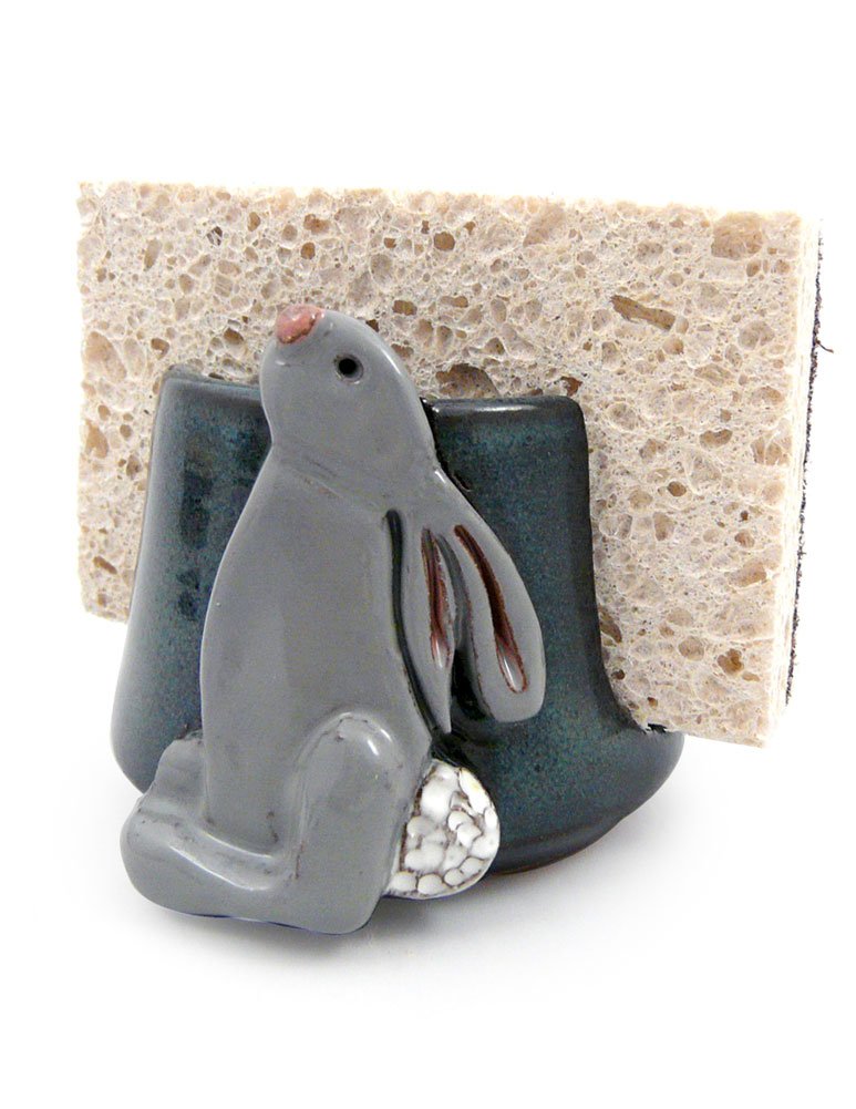 American Handmade Stoneware Sponge Holder with Bunny Motif - Perfect for Kitchen, Bathroom, or Farmhouse Decor