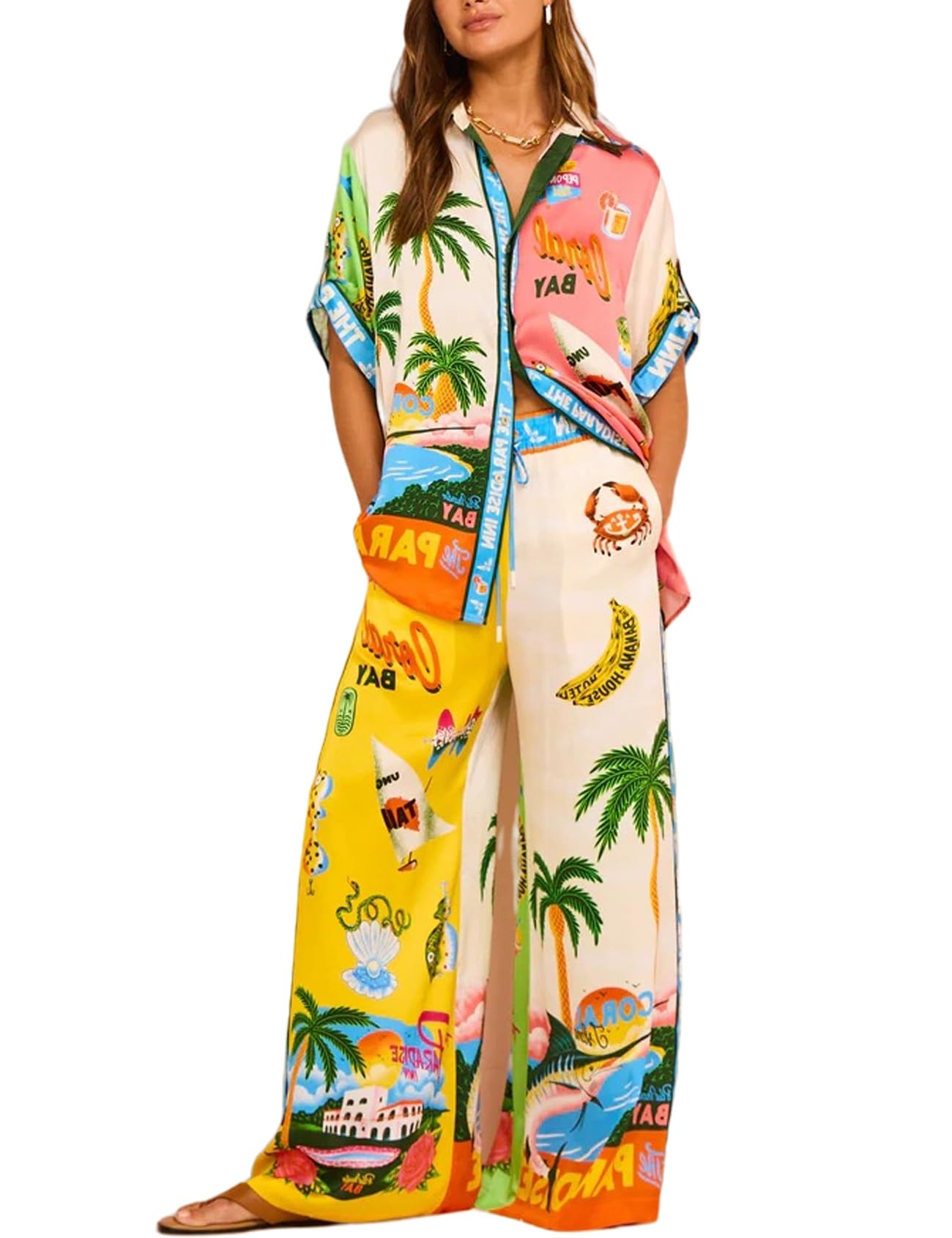 Perbai Women's 2-Piece Linen Outfit - Short Sleeve Button Down Shirt & Wide Leg Pants Lounge Set - Boho Print Summer Matching Outfit for Casual Wear, Beach Vacation & Boho Chic Style