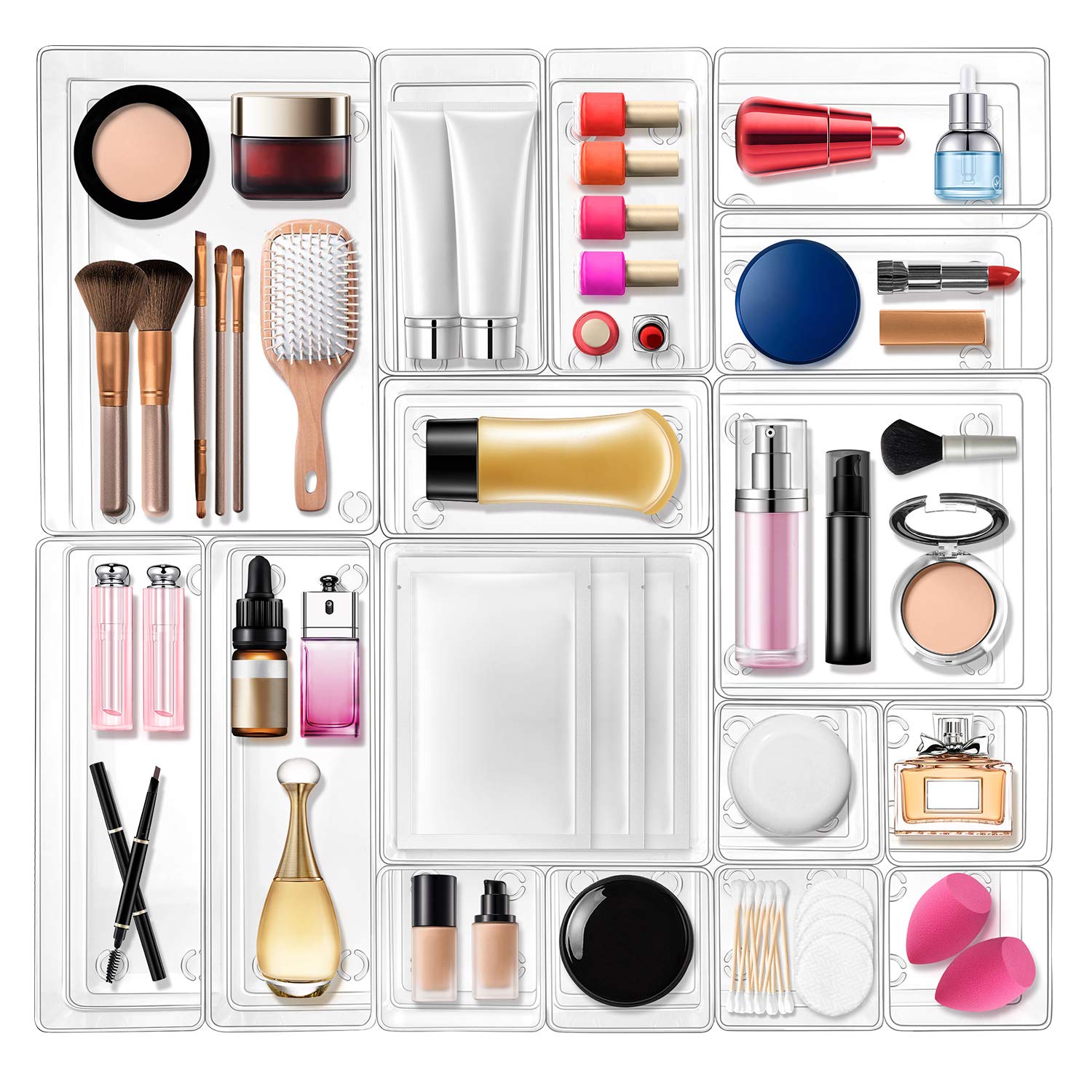 16-Piece Clear Plastic Drawer Organizer Set - 5 Sizes Non-Slip Silicone Makeup Dividers & Bathroom Vanity Trays | Multipurpose Storage Bins for Cosmetics, Jewelry, Office Supplies & Kitchen Utensils | Perfect for Bedroom, Bathroom & Office Organization