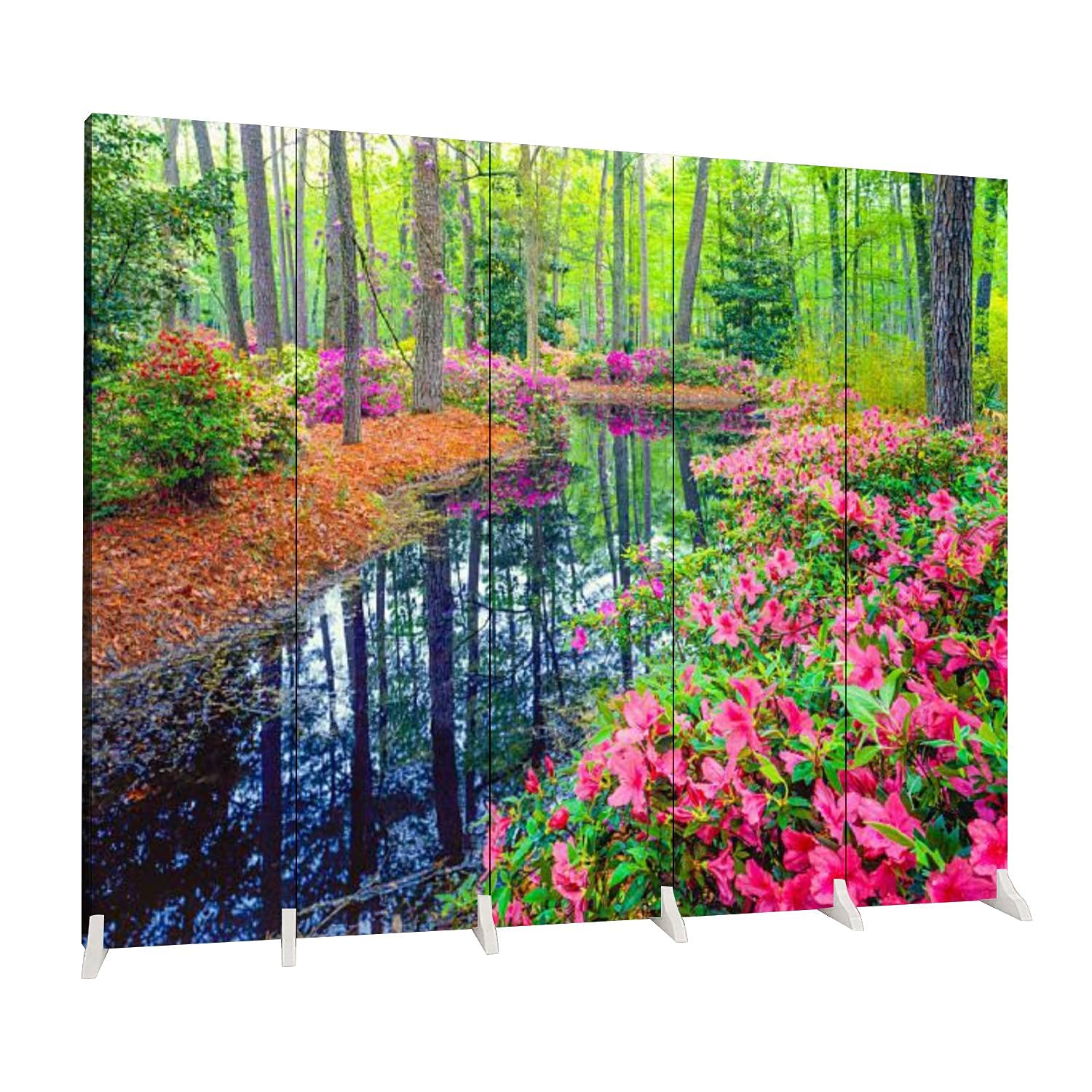 Dola-Dola 5 Panel Folding Room Divider - Spring Southern Woodland Garden Canvas Privacy Screen for Indoor/Outdoor Use - Freestanding Partition Wall for Home, Office, Nursery & Event Spaces