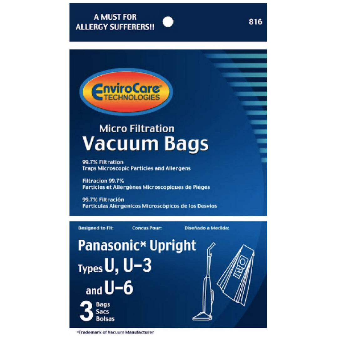 Panasonic U, U3, U6 Vacuum Bags (3-Pack) by Envirocare - Compatible with Panasonic Vacuum Cleaners for Dust & Allergen Control