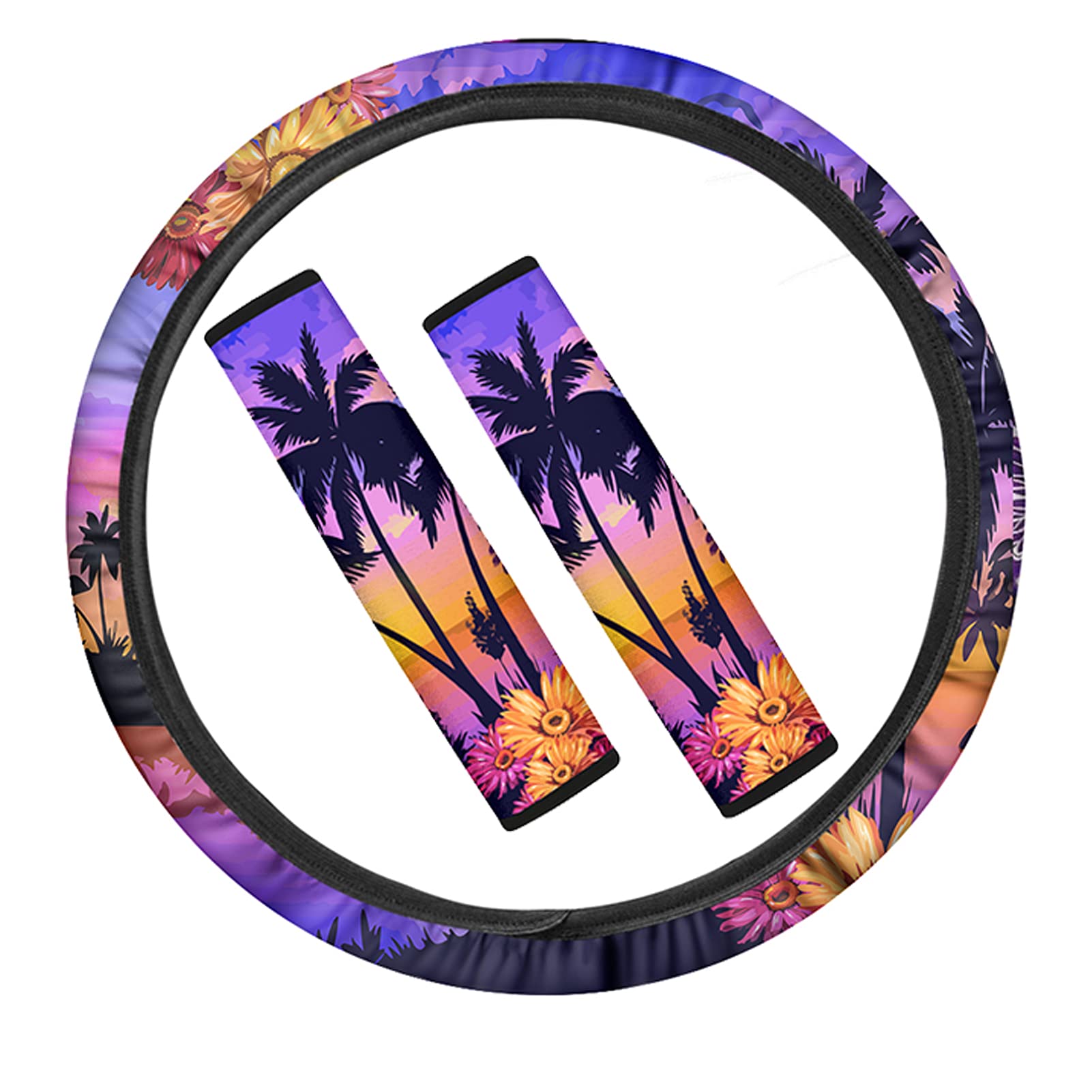 CLOHOMIN Tropical Palm Tree Beach Sunset Car Steering Wheel Cover & Seat Belt Pads Set - 3PCS Soft Comfortable Purple & Orange Car Accessories for Women | Perfect for Summer Road Trips & Beach Vacations