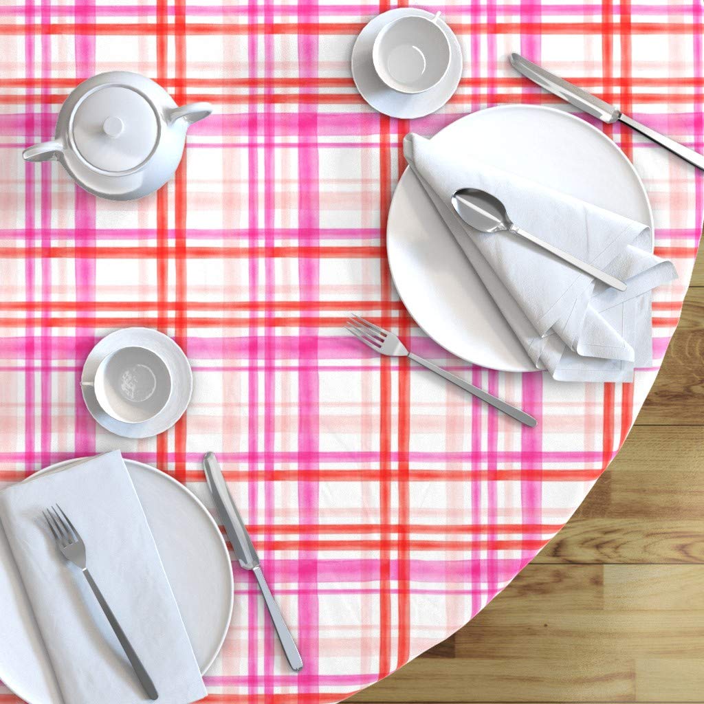 Valentine's Day Watercolor Plaid Cotton Sateen Tablecloth - 90 Inch Round Pink & Red Feminine Print Custom Table Linens for Romantic Dinners, Baby Showers & Special Occasions