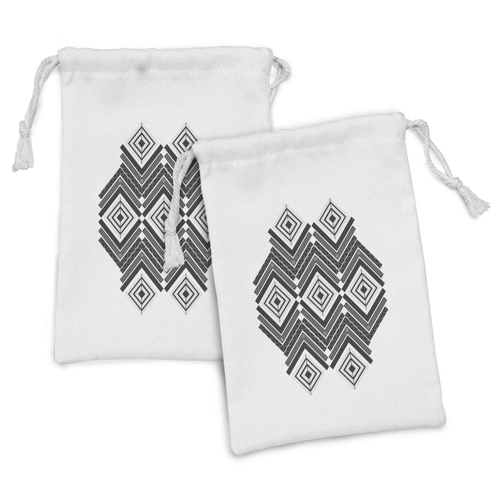 Ambesonne Abstract Fabric Pouch Set of 2 - Monochrome Geometric Lines & Triangles Design - Small Drawstring Bags for Toiletries, Masks, Favors (9