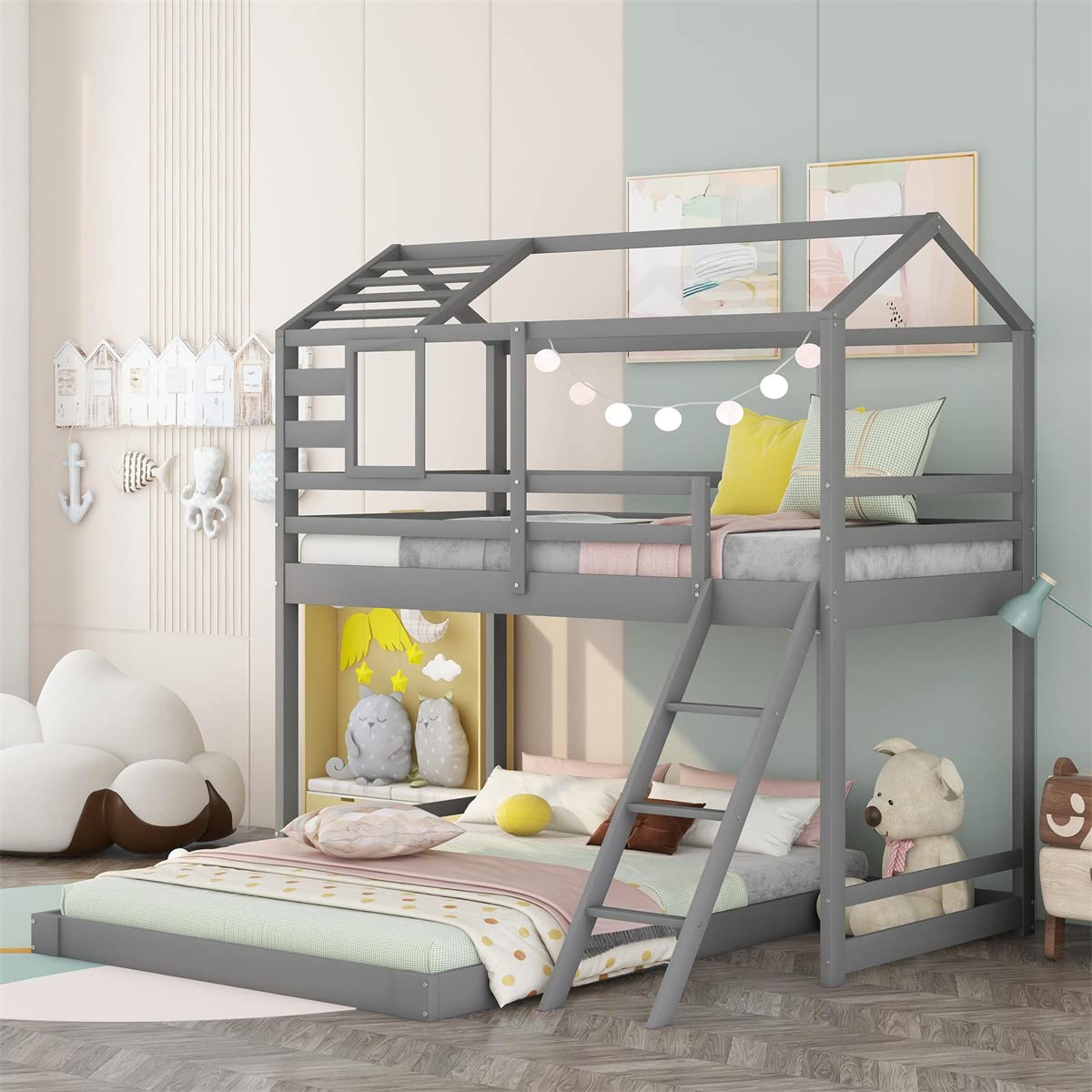 Twin Over Full Bunk Bed with Ladder & Window - Sturdy Loft Bed for Teens & Adults, Gray - Perfect for Bedroom, Dorm, Guest Room & Small Spaces - Includes Full-Length Safety Guardrail