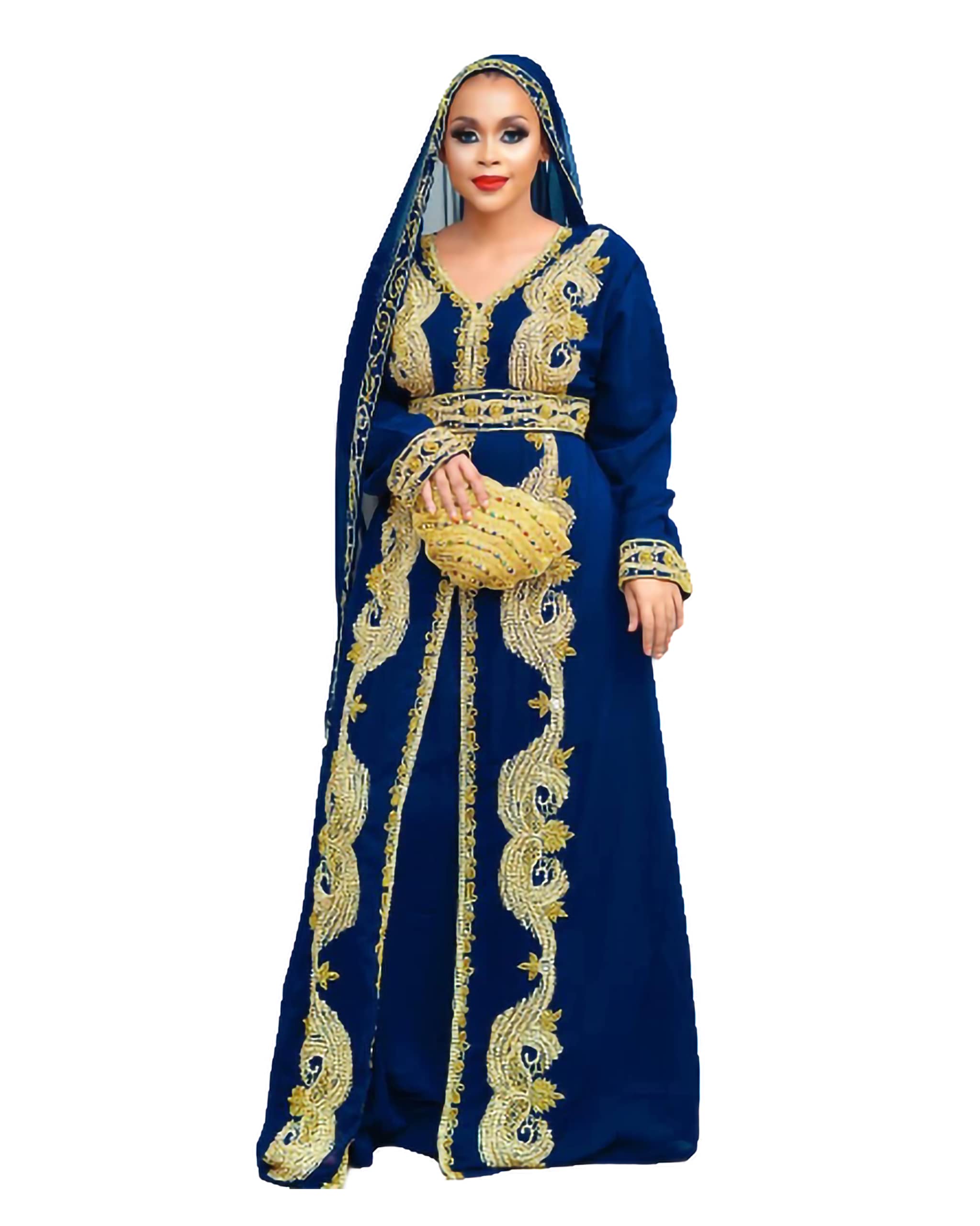 Elegant Navy Blue Moroccan Abaya Kaftan Dress for Women - Long Maxi Muslim Gown with Zardozi Embroidery | Perfect for Eid, Weddings & Special Occasions