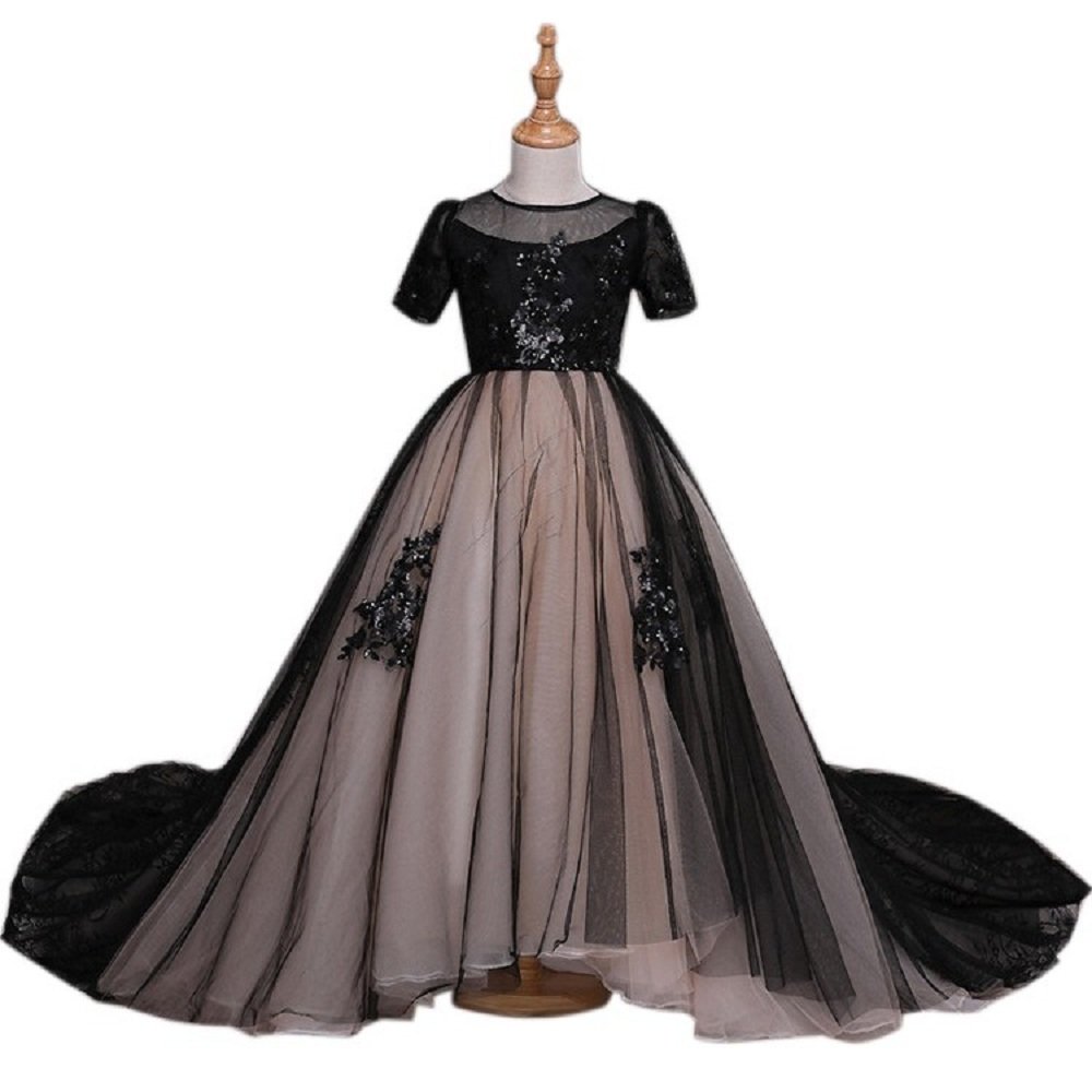 Leyidress Black Lace Flower Girl Dress for Kids - Elegant Cathedral Train Wedding Party Dress for Children's Special Occasions & Ceremonies