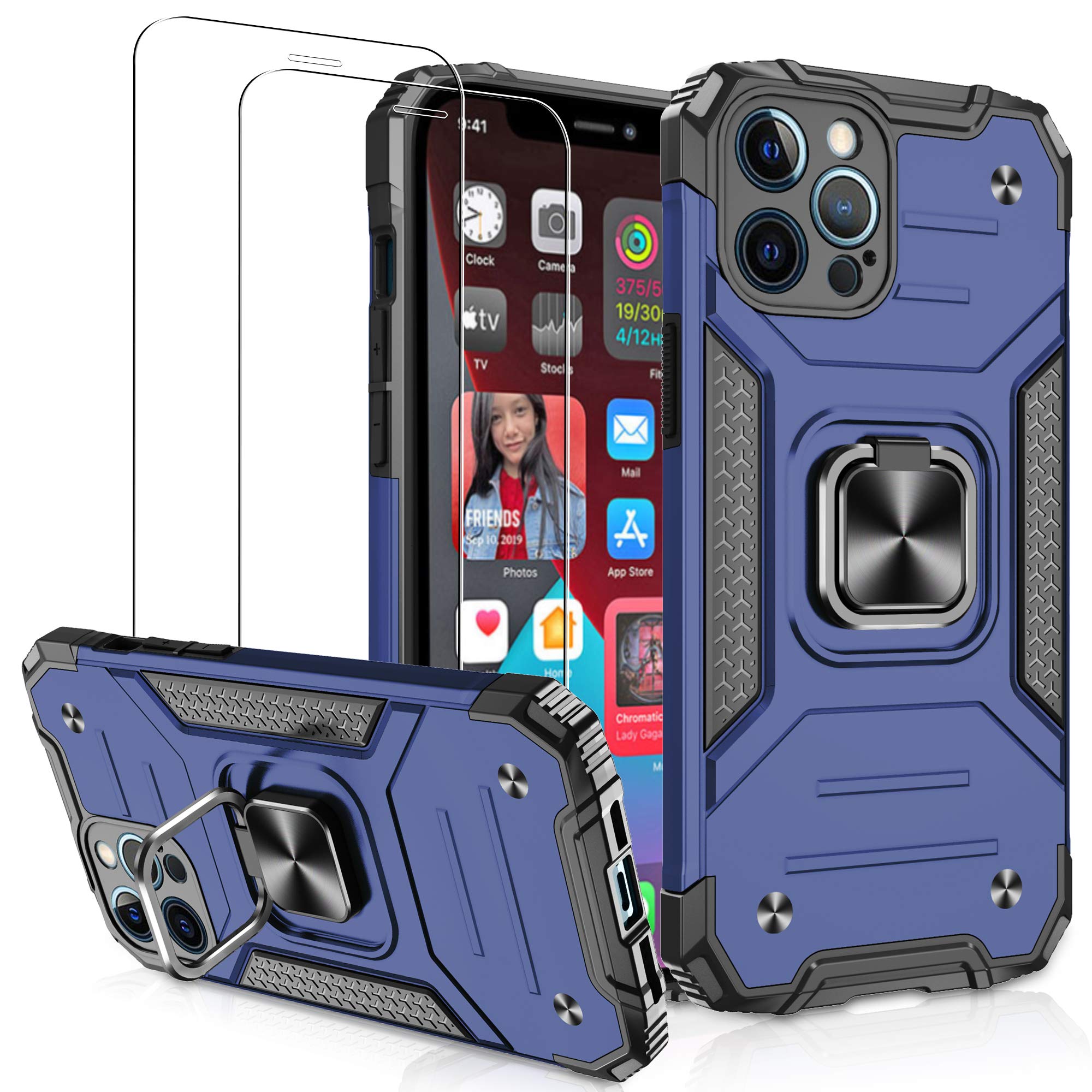 Premium iPhone 12 Pro Max Case with 2-Pack Tempered Glass Screen Protector | Military-Grade Shockproof Protective Cover for Women & Men | 360° Magnetic Ring Kickstand | Blue | Perfect for Outdoor Activities, Travel & Daily Protection