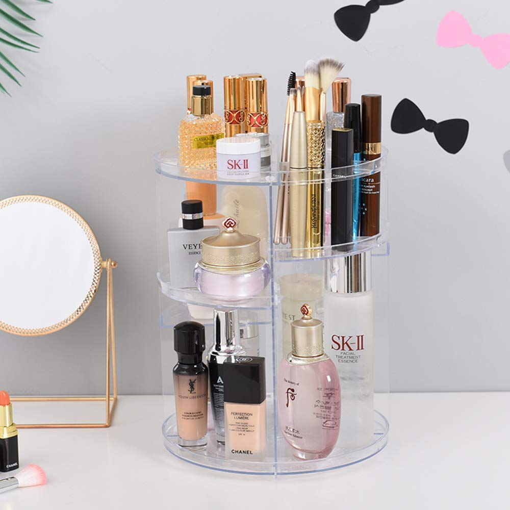 Viinice 360° Rotating Makeup Brush Organizer & Cosmetic Storage Box with Mirror - Adjustable Bathroom Vanity Organizer for Perfumes, Makeup Brushes - Perfect for Bedroom Dresser, Vanity Table & Travel Beauty Organization