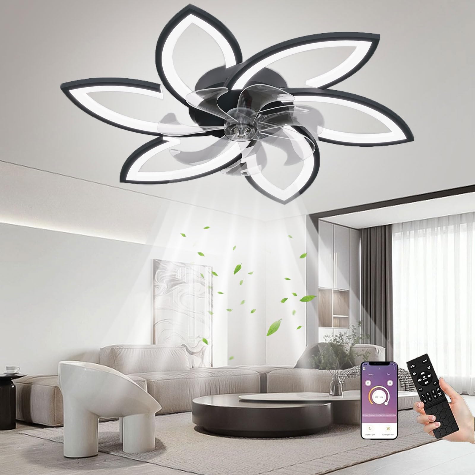 66W Smart LED Ceiling Fan with Lights & Remote Control - 6 Head Modern Dimmable Ceiling Lamp, Quiet Operation, Night Light & Timer - Perfect for Bedroom, Living Room & Office (30.7in, Black)