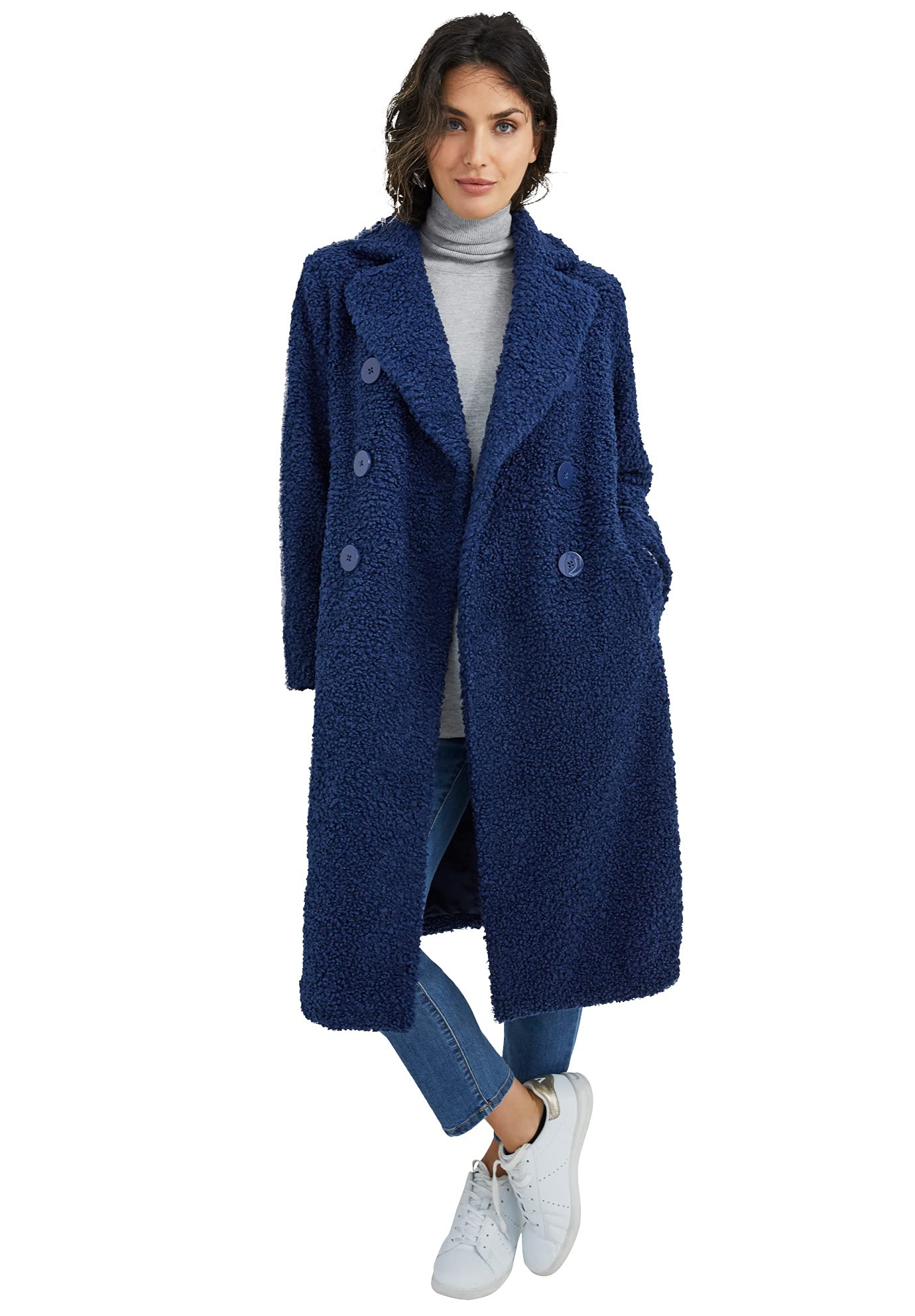 Ellos Women's Plus Size Double-Breasted Teddy Coat - Soft & Warm Winter Outerwear for Casual Outings & Office Wear
