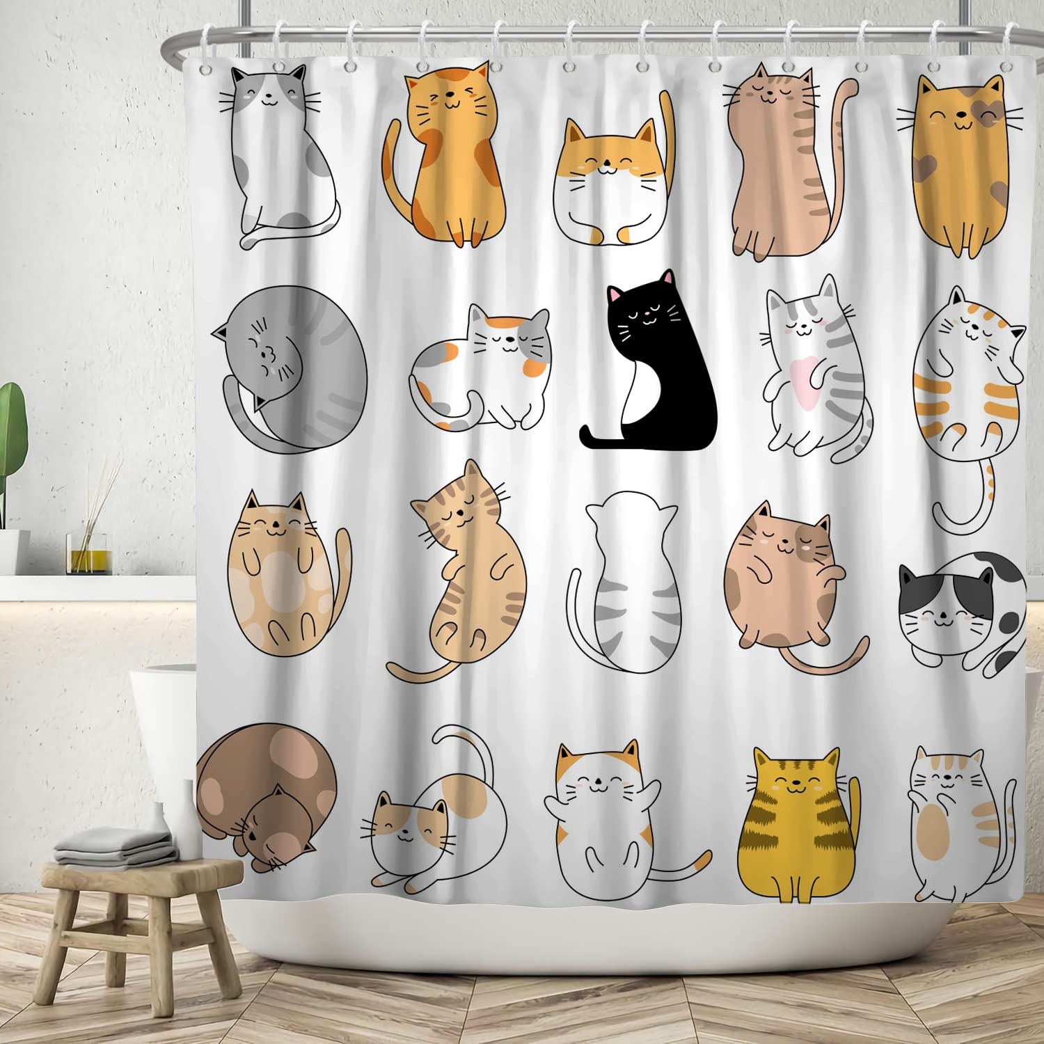 Cute Kitty Cat Shower Curtain - Waterproof Machine Washable Bathroom Decor with 12 Hooks (72x72 inches) for Bathtub & Shower - Perfect for Pet Lovers' Home Decor