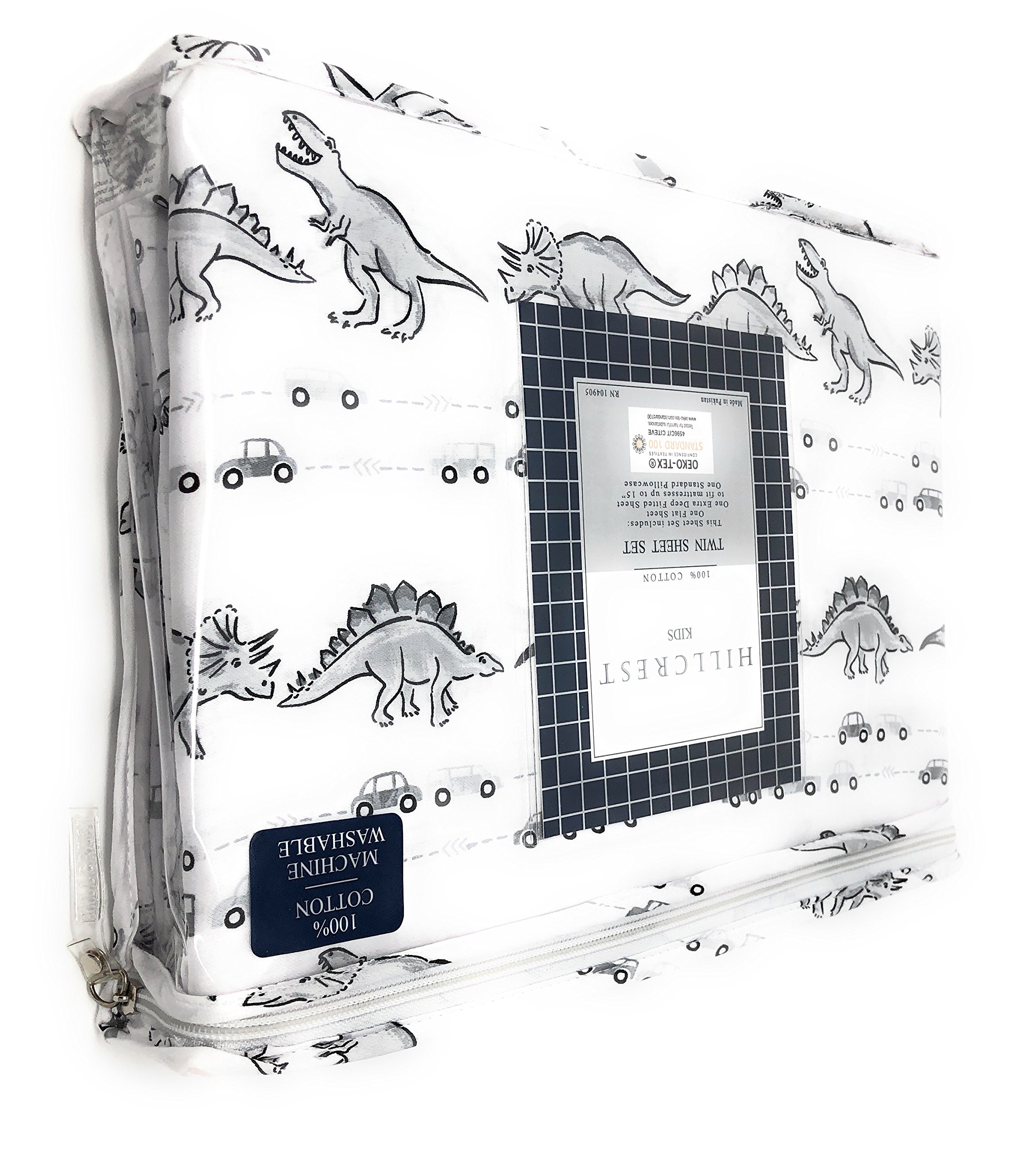Dinosaur Traffic Gray Scale Twin Sheet Set | 100% Cotton Bedding for Kids' Room & Nursery Decor