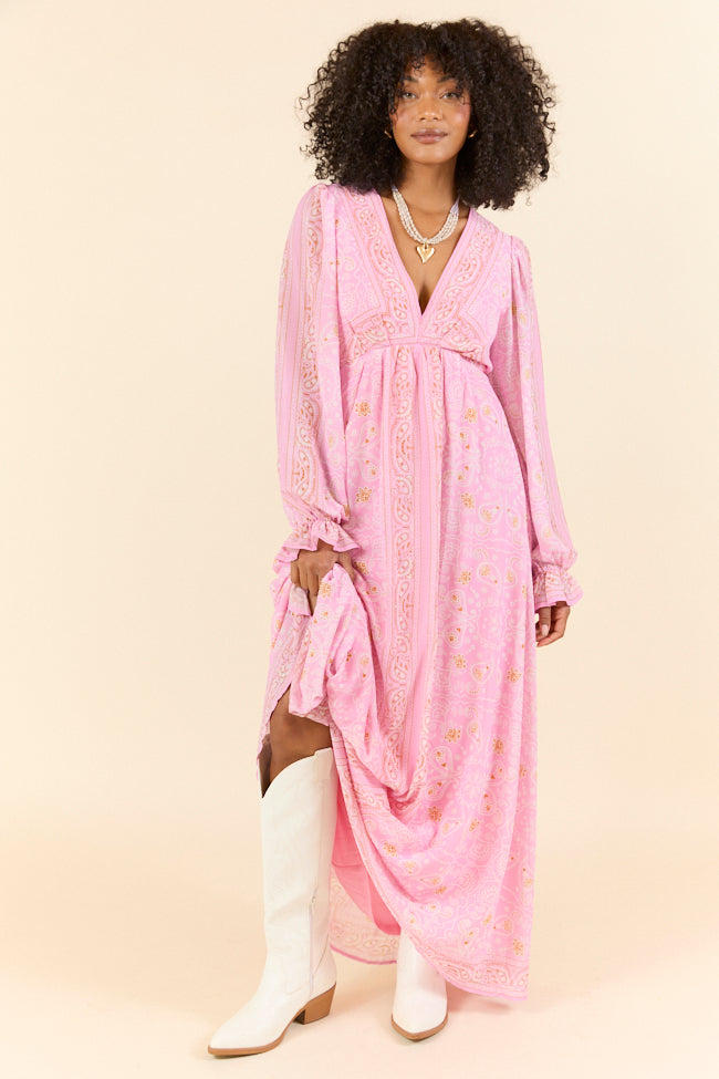 Stylish Rustic Rose Pink Bandana Print Maxi Dress - Flowy & Comfortable for Summer, Beach, and Boho Fashion