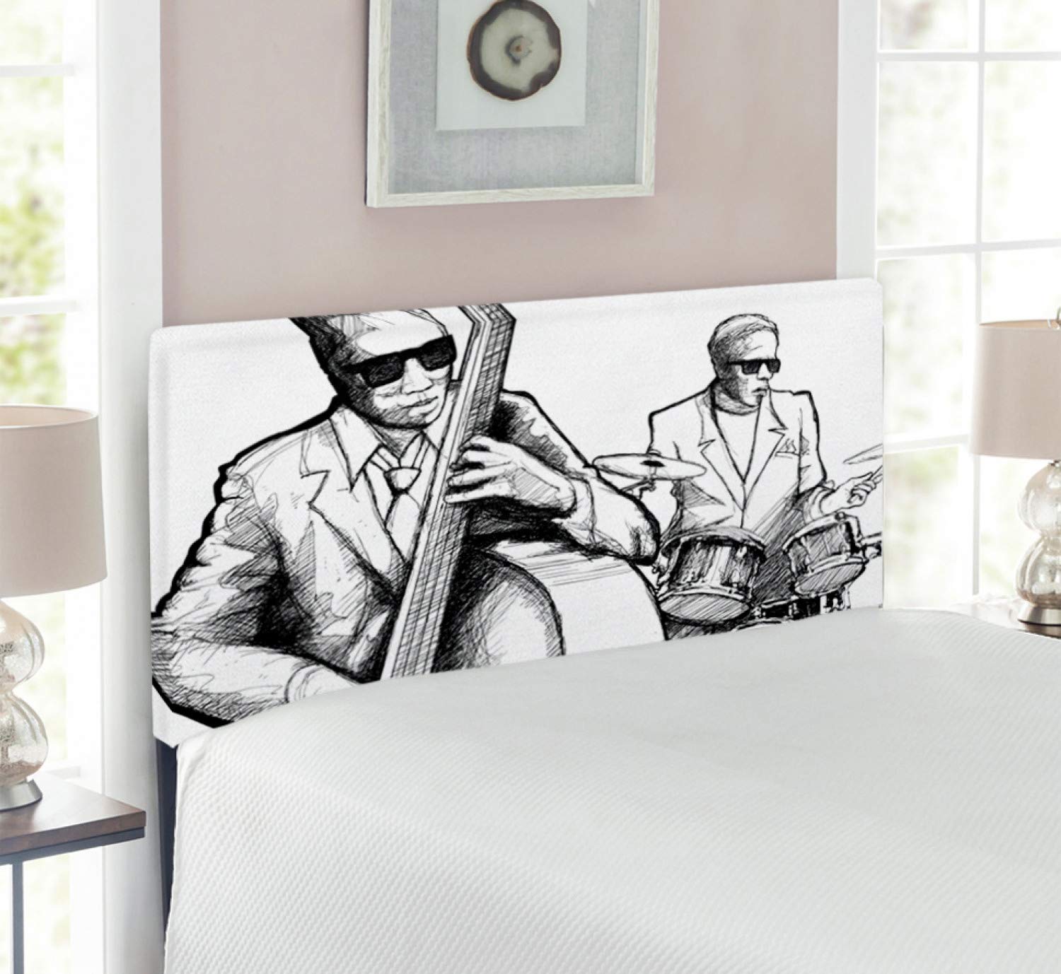 Ambesonne Jazz Music Headboard - Upholstered Metal Bed Frame with Memory Foam | Twin Size Black & White | Jazz Band Musicians Illustration | Perfect for Music Lovers' Bedroom Decor & Jazz-Themed Interior Design