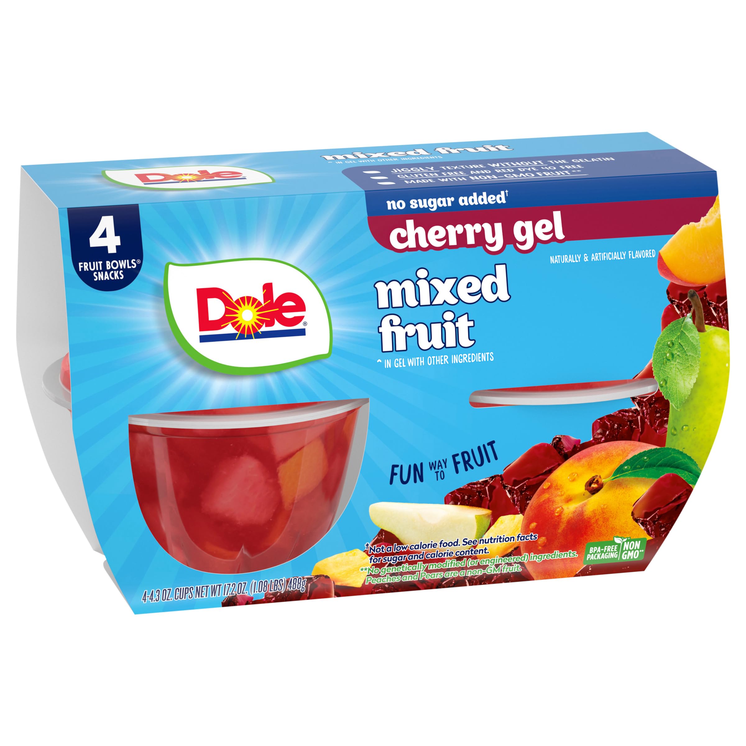 Dole Sugar-Free Mixed Fruit Bowls in Cherry Gel - Pineapple, Peaches & Pears - 4.3oz (4 Cups) | Gluten-Free, Dairy-Free Healthy Snacks | Perfect for Kids Lunchboxes, Office Snacks & On-the-Go Healthy Eating