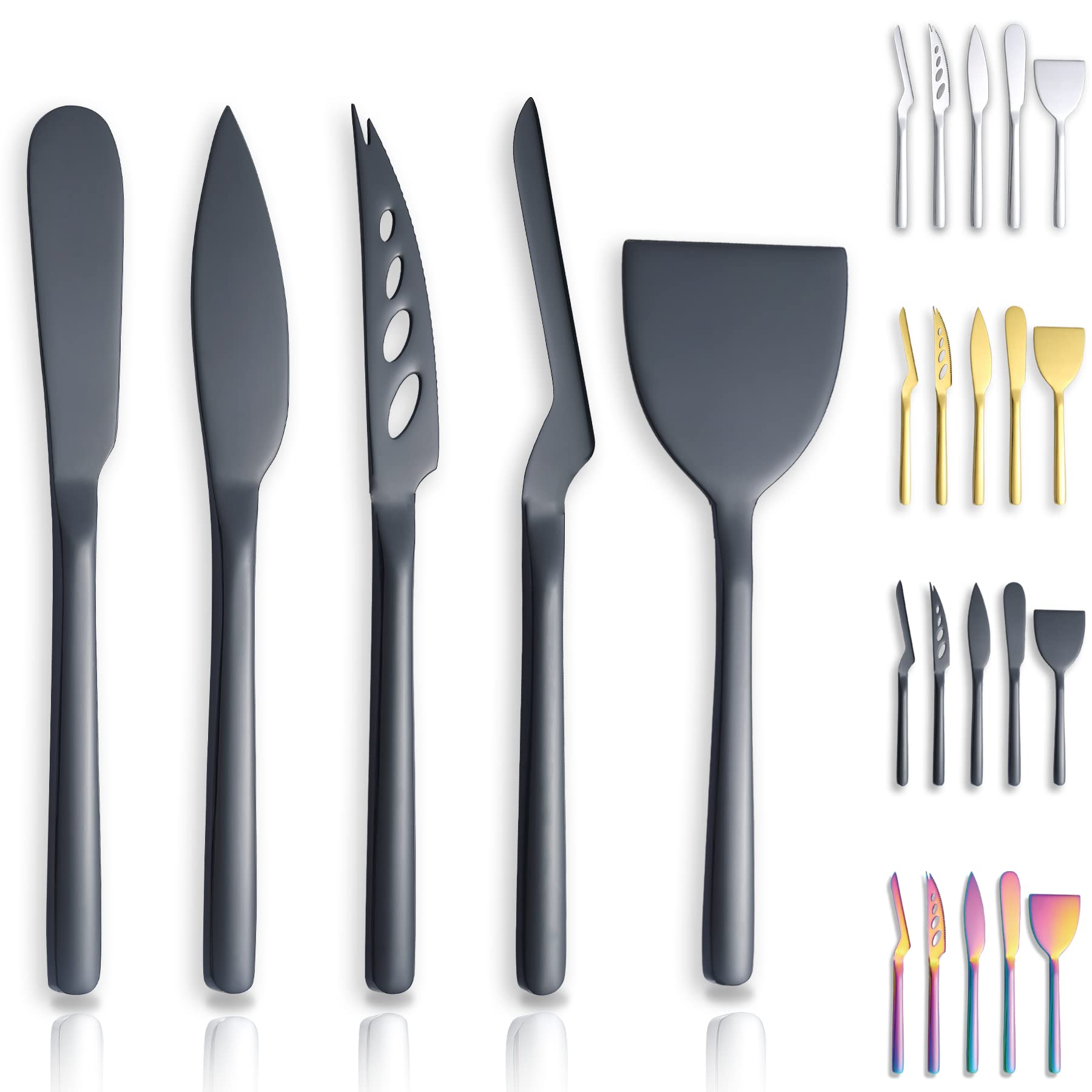 Premium 5-Piece Black Titanium Cheese Knife Set - Ergonomic Design for Comfortable Grip, Perfect for Hard & Soft Cheeses, Butter Spreader - Ideal for Charcuterie Boards, Wine Pairings & Dinner Parties