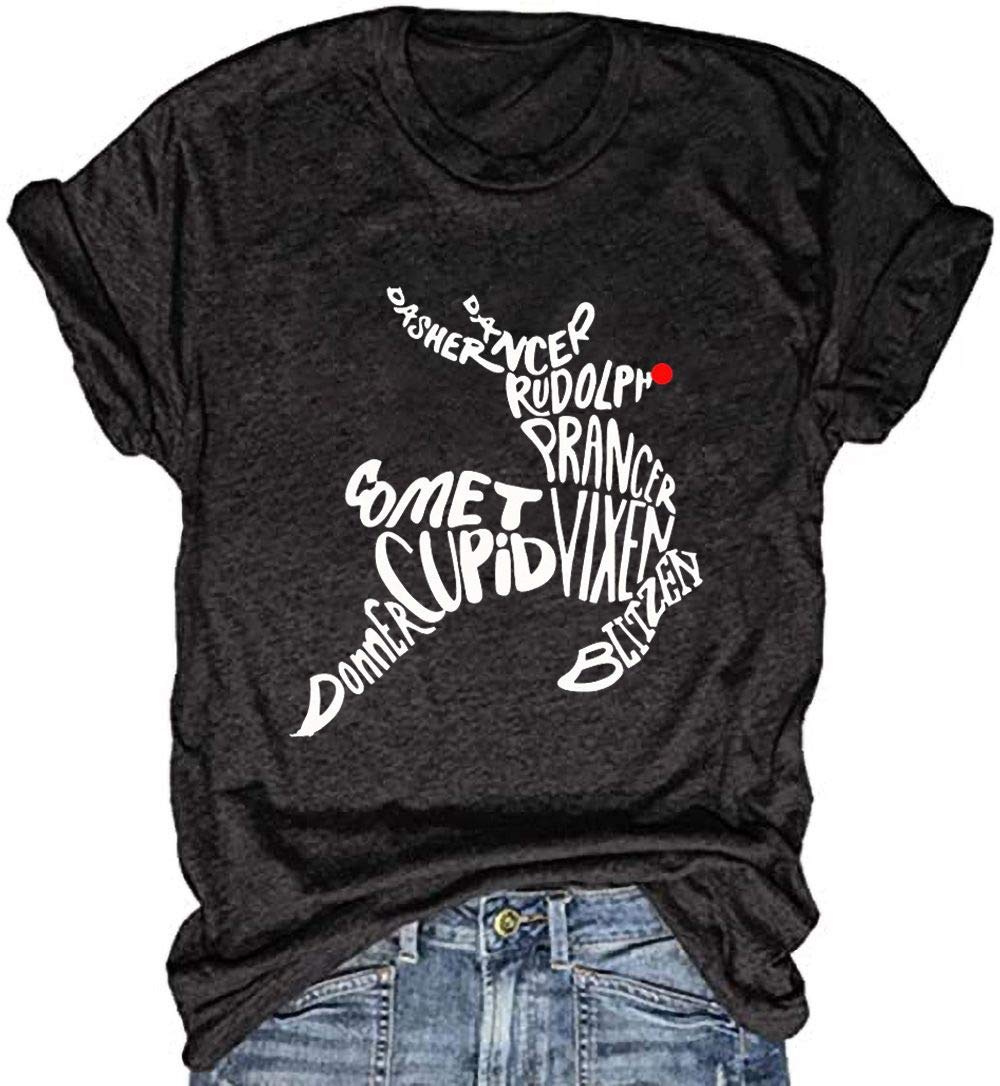 Women's Reindeer Alcohol Christmas Shirts - Dasher Dancer Prancer Vixen Moscato Vodka Tequila Blitzen Graphic Tees Tops for Holiday Parties & Ugly Sweater Contests