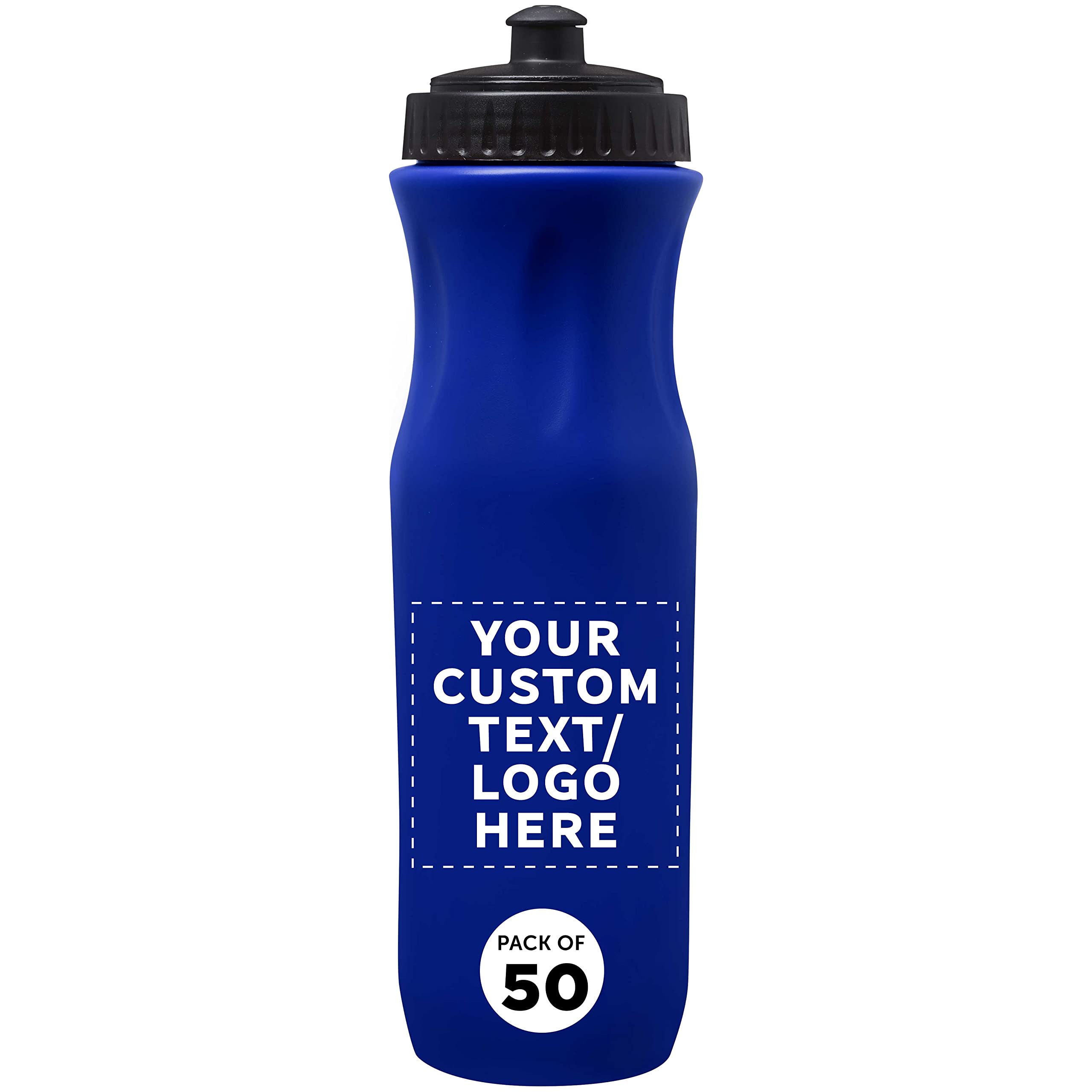 50 Pack 26 oz Customizable Plastic Water Bottles with Black Push Top Lid - Bulk Reusable Water Bottles for Sports, Gym, School & Office - Blue