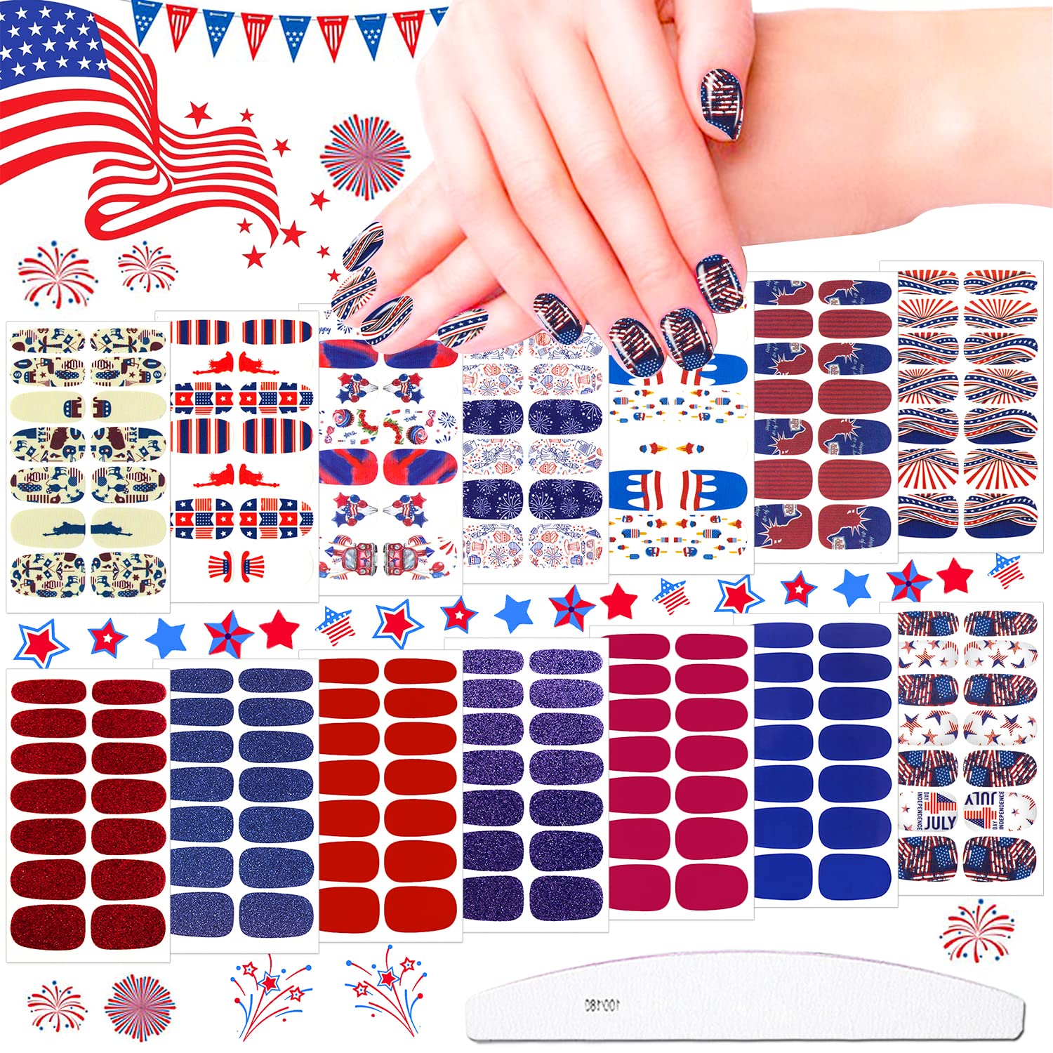 JERCLITY 14 Sheets 4th of July Nail Wraps - Patriotic American Flag Nail Art for Independence Day & Memorial Day