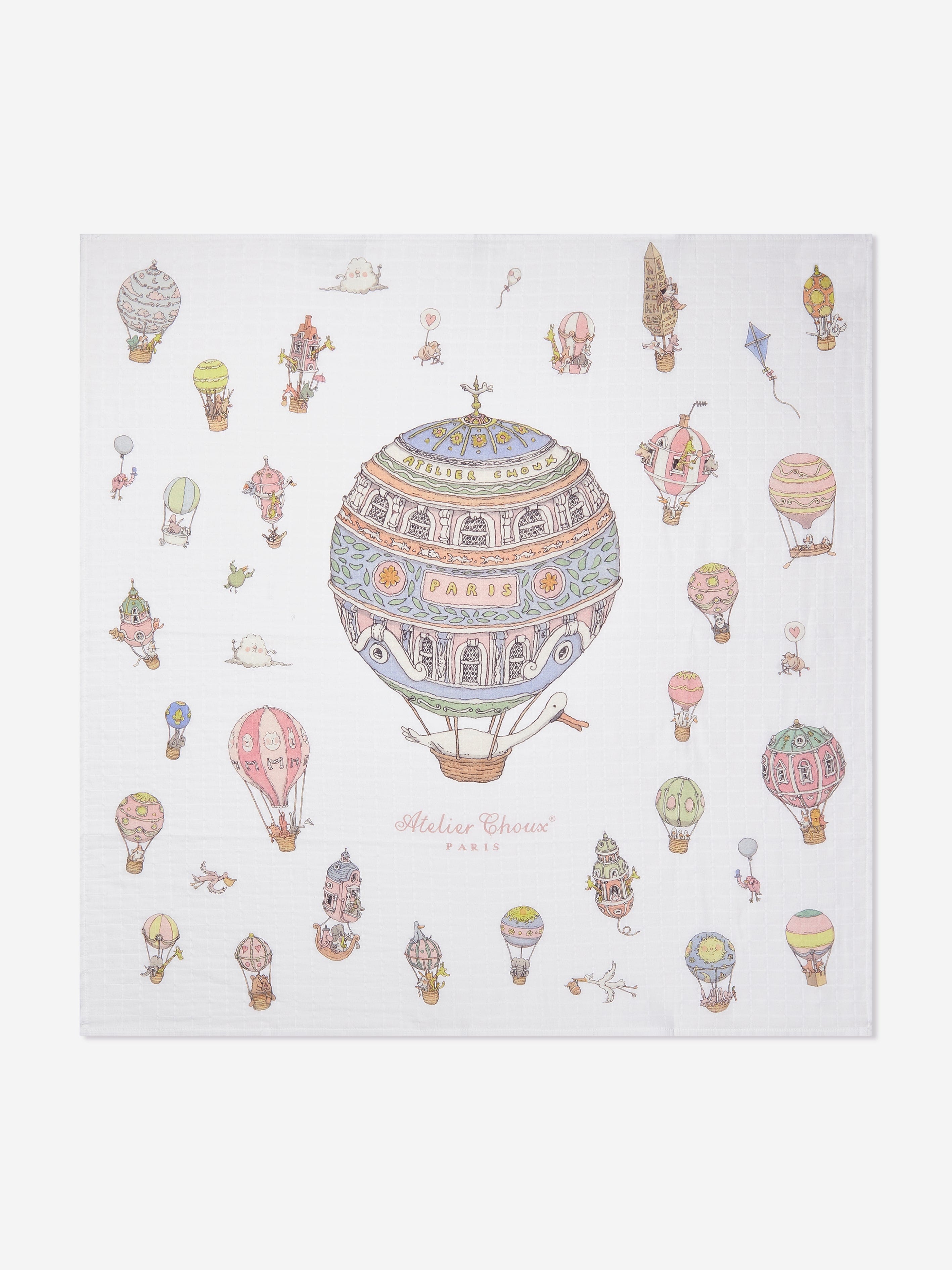 Atelier Choux Baby Hot Air Balloons Swaddle Blanket - 100cm White Organic Cotton for Newborns | Perfect for Nursery, Photography & Gift Giving