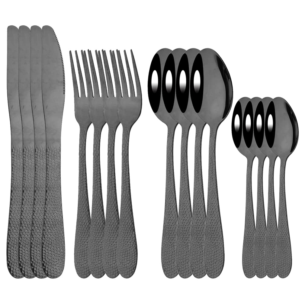 16-Piece Stainless Steel Flatware Set - Black Silverware Cutlery for Dinnerware, Forks, Knives, Spoons - Elegant Kitchen & Dining Tableware Set for Everyday Meals, Parties, and Formal Occasions