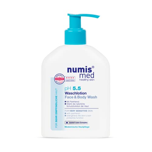 Numis Med pH 5.5 Gentle Face & Body Wash for Sensitive Skin - Vitamin B5 Enriched Moisturizing Shower Gel for Dry Skin - Hypoallergenic pH Balanced Bath Wash for Men & Women (200mL) - Ideal for Daily Cleansing & Hydration