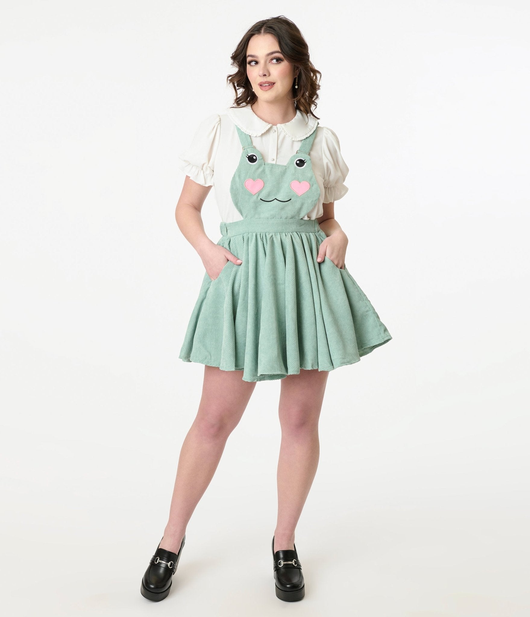 Miss Candyholic Green Frog Corduroy Pinafore Dress - Cute Cartoon Animal Print Jumper for Women & Girls - Perfect for Casual Wear, Cosplay, and Kawaii Fashion