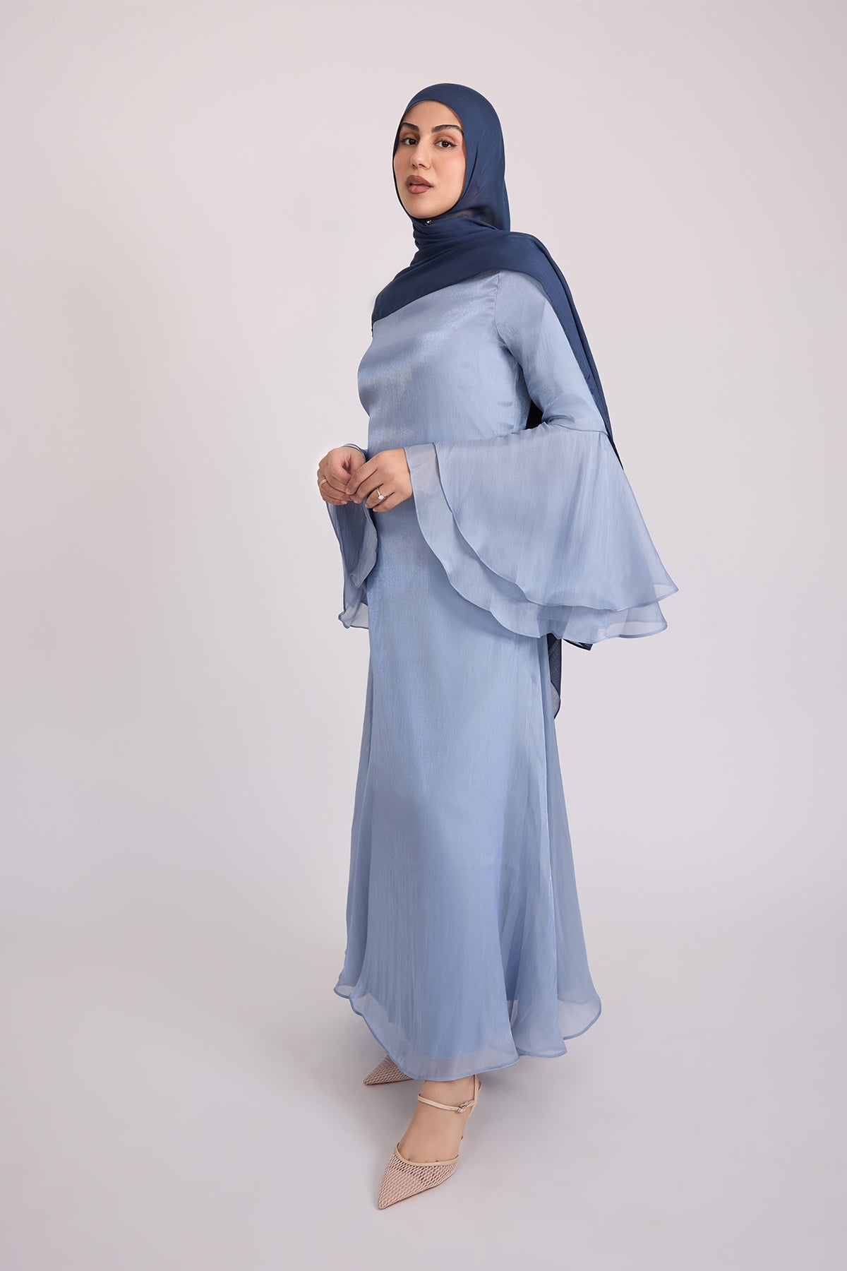 Vivienne Women's Large Ruffle Sleeve Dress in Sea Blue - Elegant Flowy Midi Dress for Weddings, Parties & Special Occasions