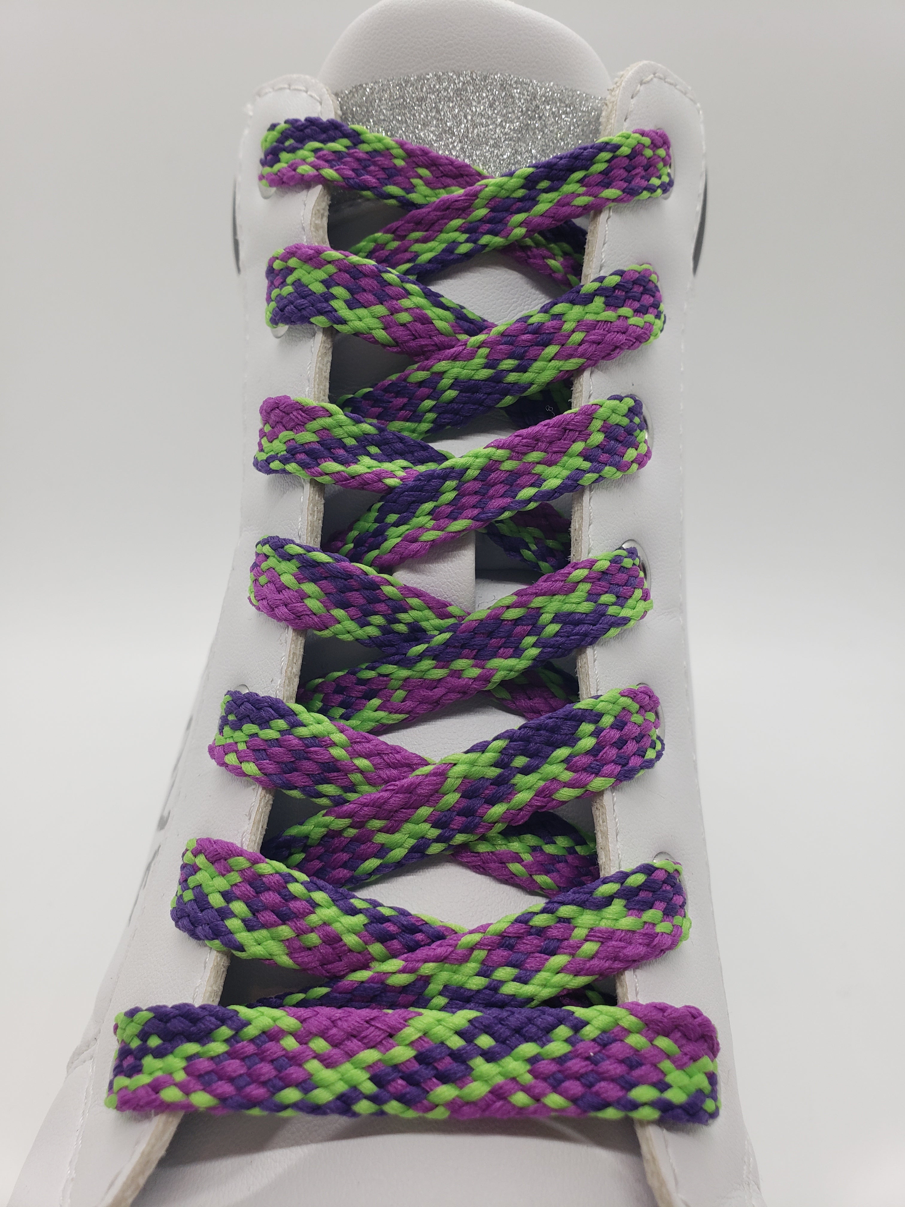 Flat Plaid Shoelaces - Lime Green, Light Purple & Dark Purple Cotton Laces for Sneakers & Casual Shoes | Perfect for Athletic Wear, School Uniforms & Fashion Accessories