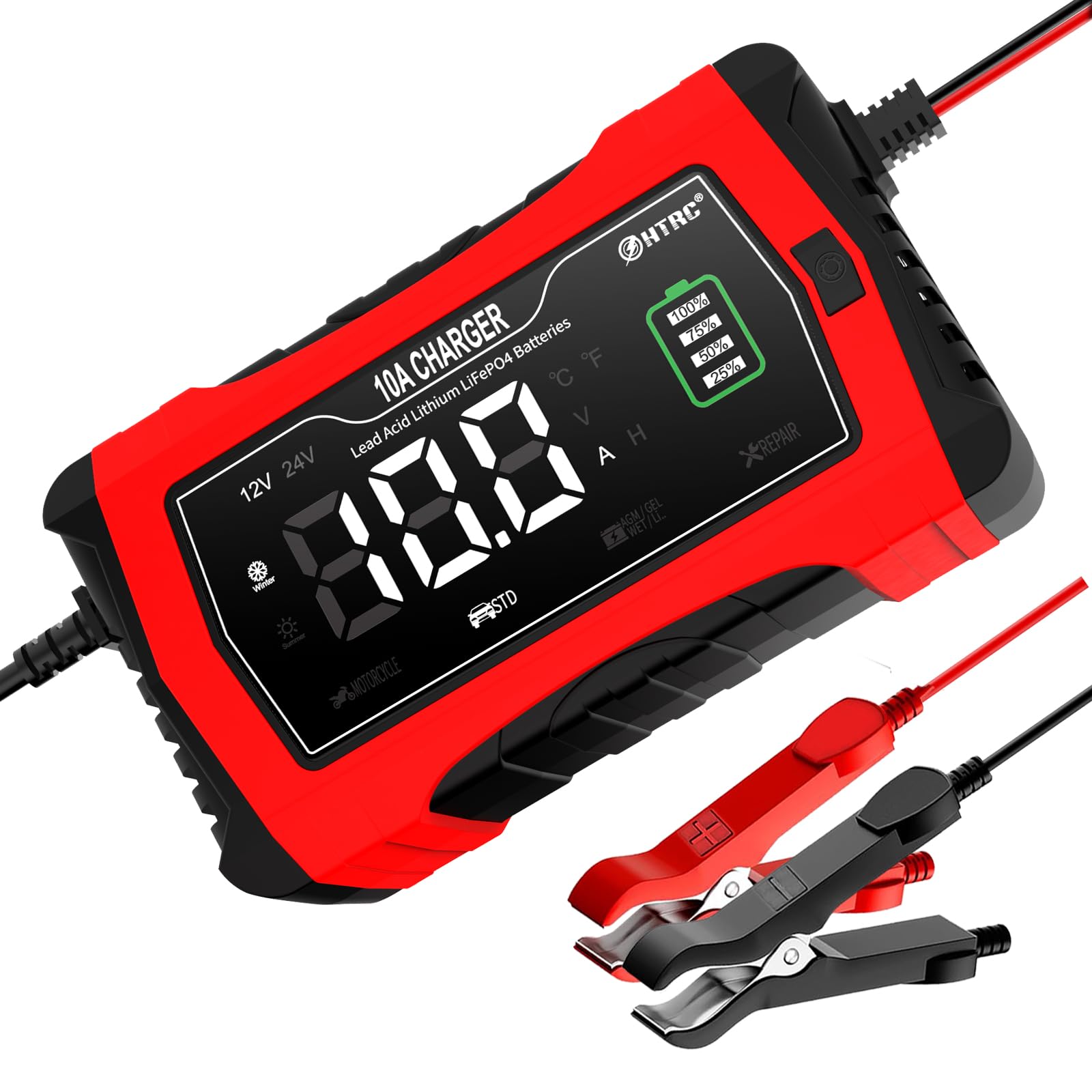 10-Amp Car Battery Charger - 12V & 24V Automotive Charger with Trickle Charge for Cars, Motorcycles, Boats - Compatible with Lead-Acid, Lithium & LiFePO4 Batteries - Perfect for Winter Storage & Long-Term Vehicle Maintenance
