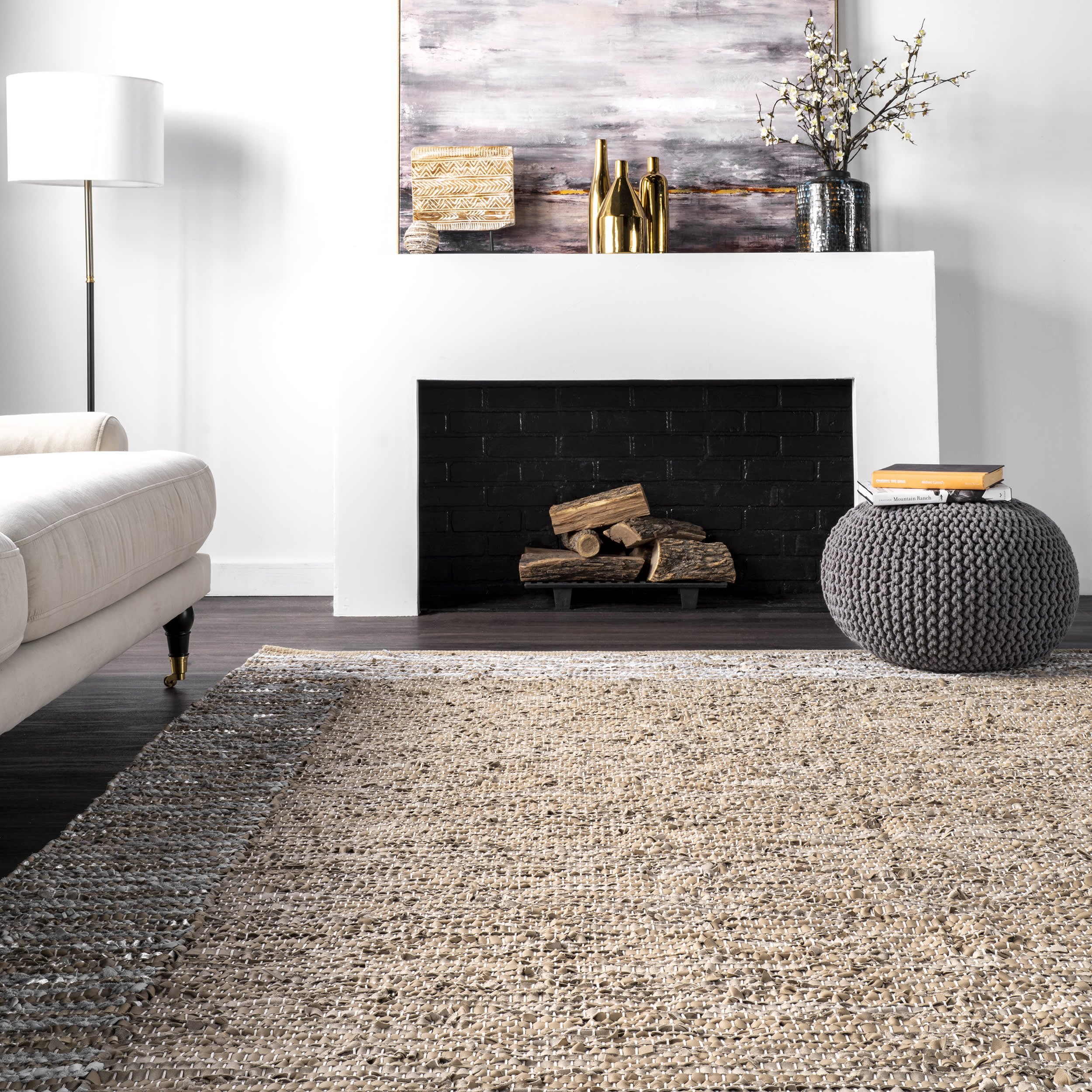 Handwoven Striped Border Leather Rug - Beige & Neutral Home Decor for Living Room, Bedroom, or Office