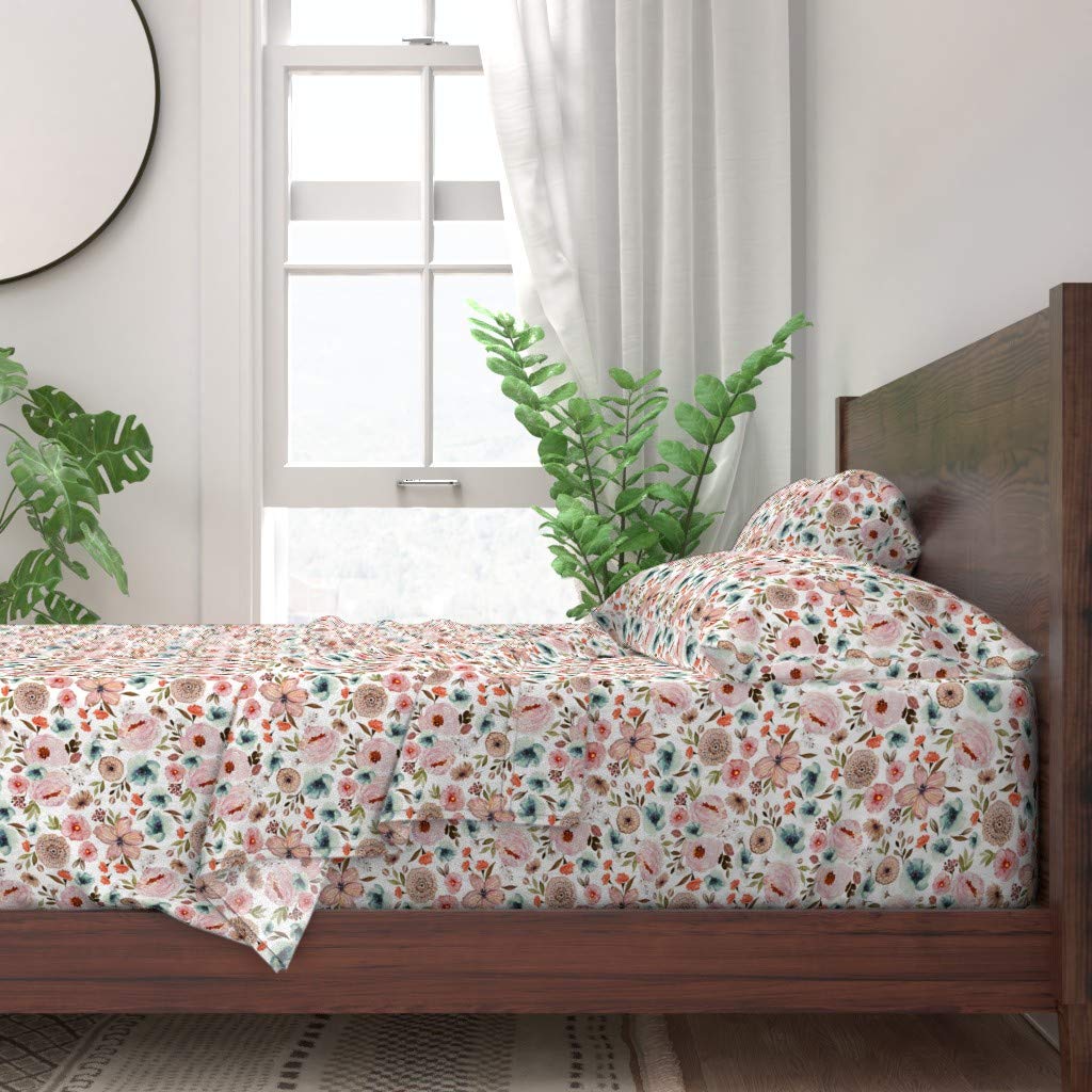 Spoonflower 100% Cotton Twin Size 3-Piece Sheet Set - White Autumn Floral Nursery Blush Bloom Baby Print Custom Bedding for Fall | Soft & Breathable Cotton Sheets for Kids' Room, Nursery Decor & Cozy Baby Bedding