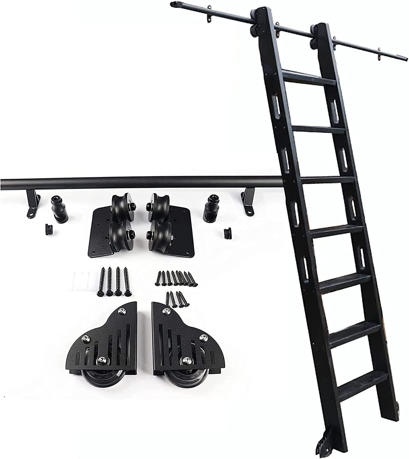3.3ft to 20ft Rolling Library Ladder Hardware Kit - Sliding Barn Door Track System with Floor Roller Wheels for Home, Office & Warehouse Storage Solutions