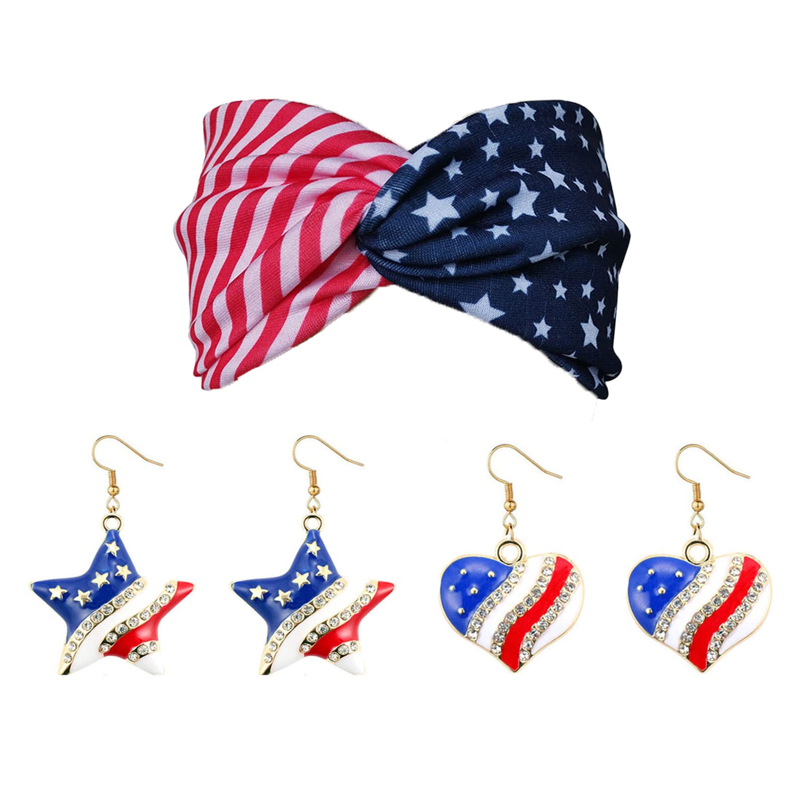 Patriotic 4th of July Flag Earrings & Headscarf Set for Women - Red White Blue Acrylic Independence Day Jewelry & Fashion Accessories - Perfect for BBQ Parties, Parades & Holiday Celebrations