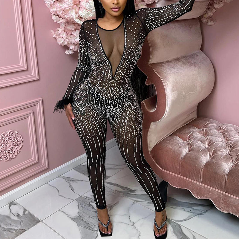 Women's Mesh Pressed Drill V-Neck Jumpsuit - Elegant Casual Romper for Summer Outfits, Beach Wear & Party Dresses | Breathable Comfort Fit for Daytime & Evening Occasions