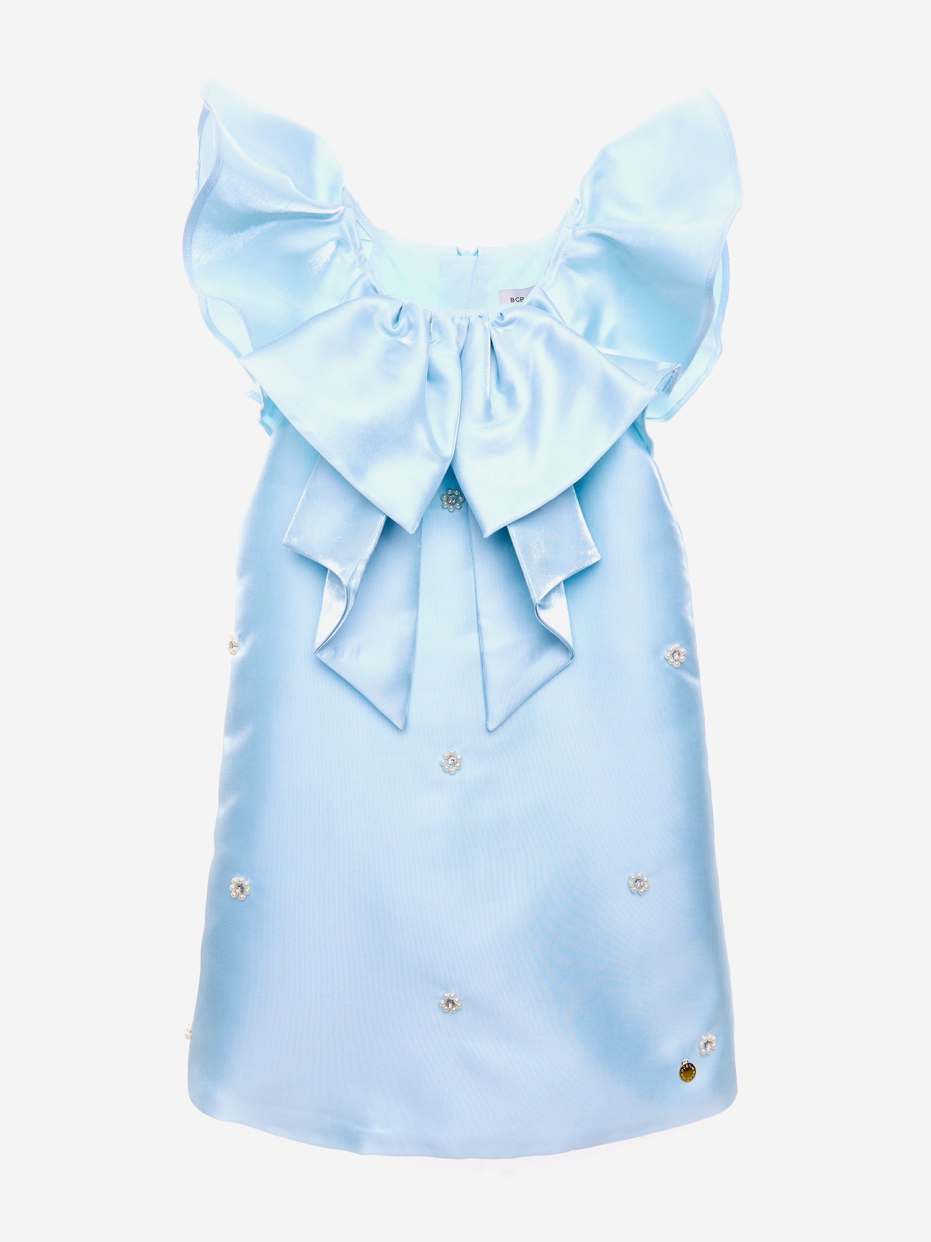 BCBG Girls Blue Satin Jewel Embellished Dress - Perfect for Birthday Parties, Weddings & Special Occasions
