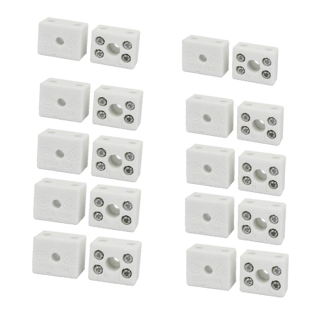 X-DREE 250V 10A 2 Position 5 Hole Ceramic Terminal Blocks - 10pcs High Temperature Resistant Electrical Wire Connectors for Home Appliances & Industrial Equipment Wiring