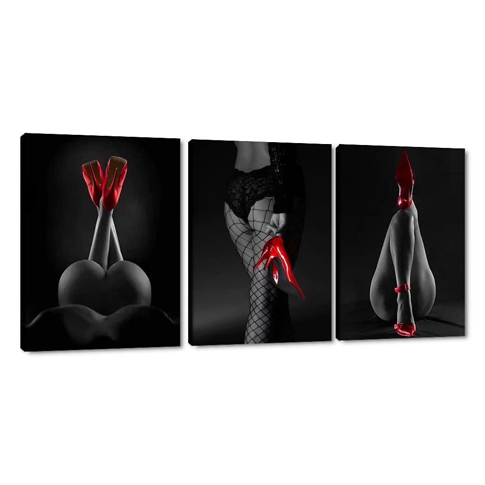 Sexy Black Mesh Stockings & Red Heels Wall Art - 3 Panel HD Oil Painting Canvas Print with Wooden Frame - Modern Home Decor for Bedroom, Living Room, Office (36''W x 16''H) - Perfect for Adding Elegance & Sensuality to Your Interior Design