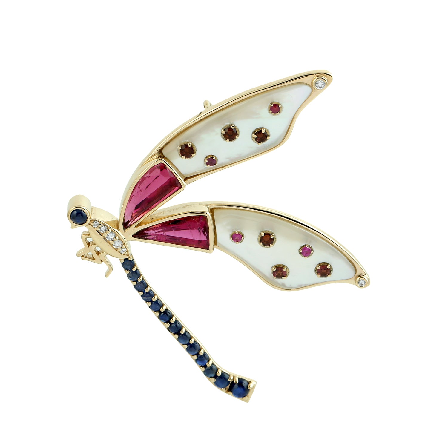 Exquisite Gold Dragonfly Brooch with Pink Tourmaline, Blue Sapphire & Diamond Accents - Handcrafted Mother of Pearl Wing Jewelry for Women - Perfect for Weddings, Parties & Special Occasions