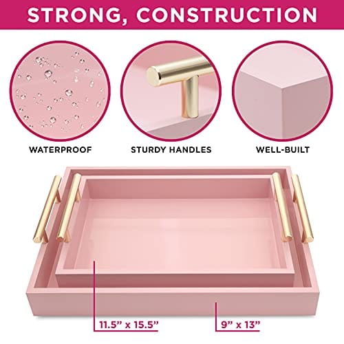 2 Pack Pink Nesting Decorative Trays with Polished Handles & Glossy Finish - Ottoman Serving Tray Set for Living Room, Coffee Table, Bed, Couch, Kitchen, Dining, Parties & Bathroom Organization - Perfect for Entertaining Guests or Home Decor